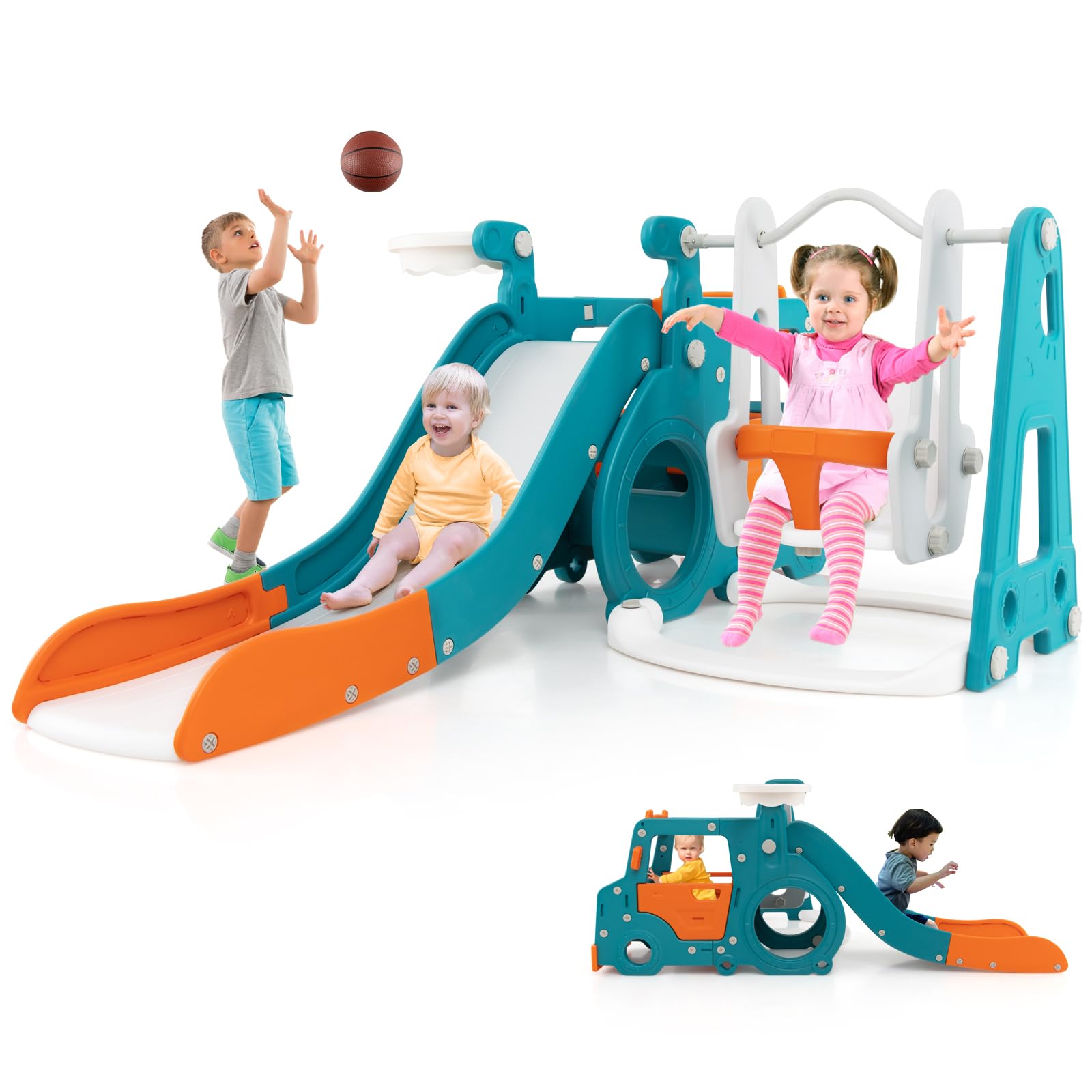Costzon 6-in-1 Toddler Slide and Swing Set with Basketball Hoop & Crawling Tunnel - Indoor/Outdoor Kids Climber Playset for Boys & Girls Ages 1-5 - Perfect Backyard Playground Gift for Birthdays & Holidays (Great for Outdoor Play, Exercise & Early Childhood Development)