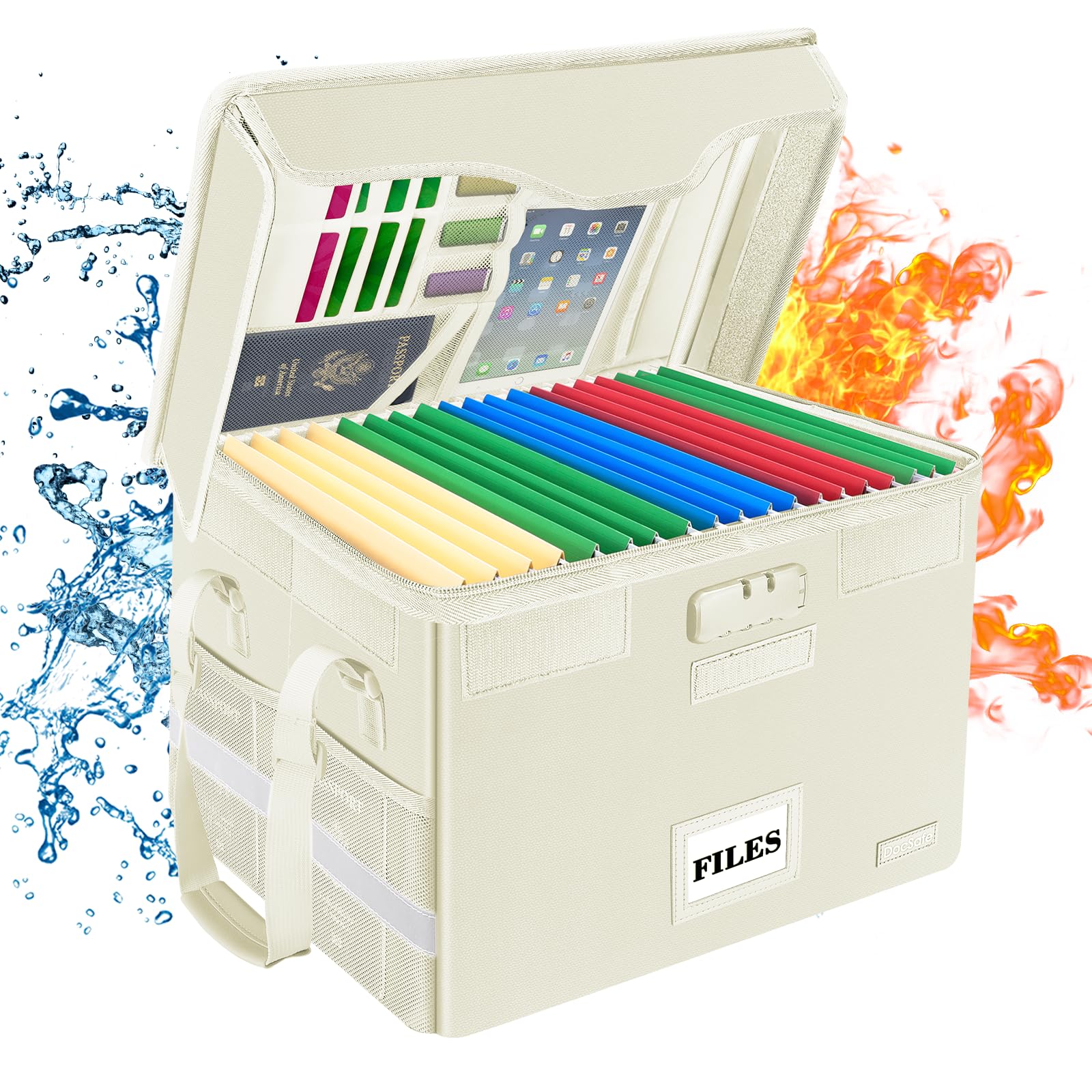 Fireproof Document Box with Lock - Waterproof & Collapsible File Storage Organizer for Home & Office | Portable File Cabinet with Handle & Pockets for Letter/Legal Folders | Secure Storage for Important Documents, Certificates & Cash | Beige Home Office Organizer