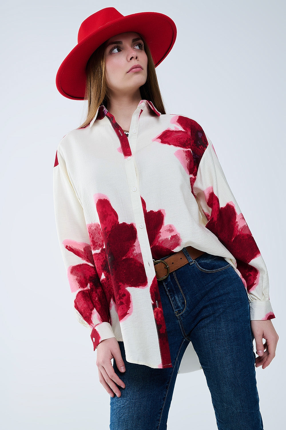 Casual Beige Shirt with Red Tropical Flower Print - Perfect for Summer Outings, Beach Vacations & Boho Style