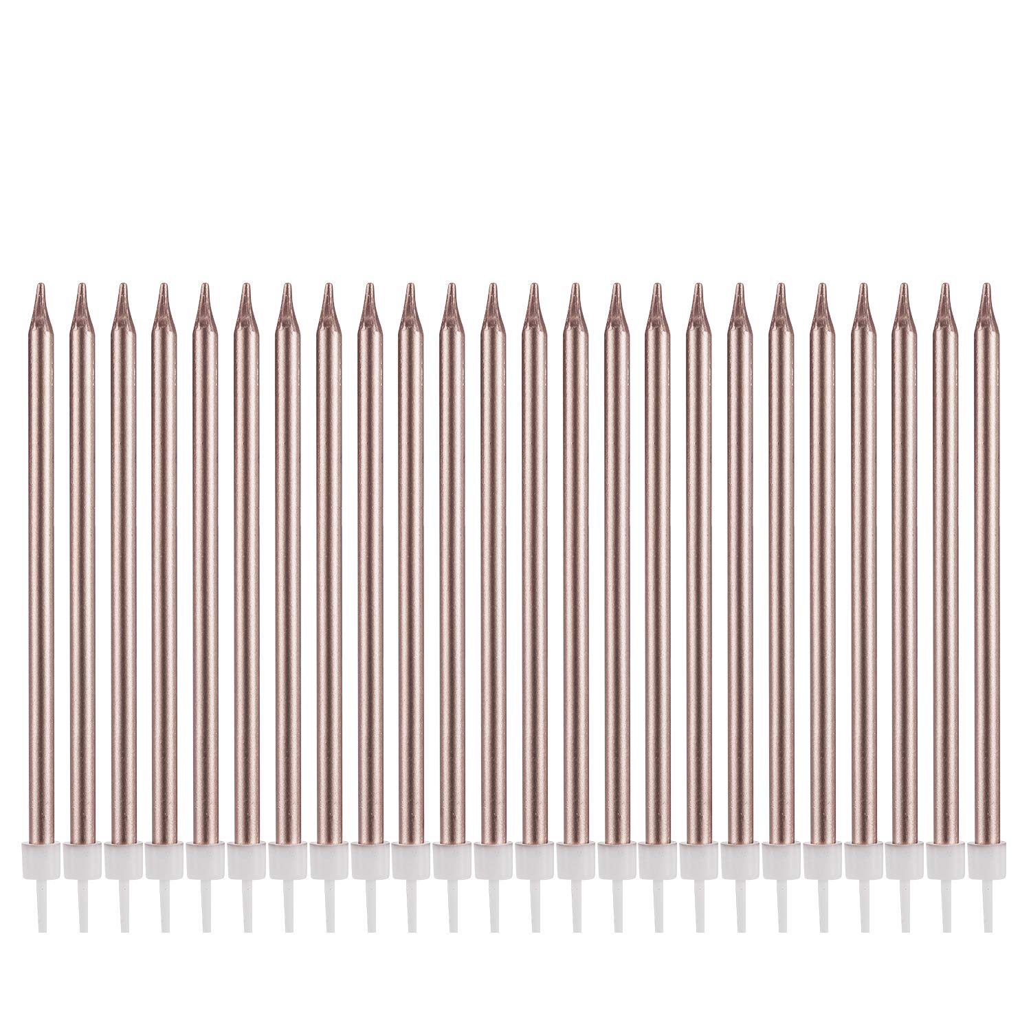 24 Count Metallic Rose Gold Birthday Candles with Holders - Tall Thin Cake & Cupcake Candles for Birthday, Wedding, Party Decorations | Perfect for Cakes, Cupcakes, and Special Event Centerpieces