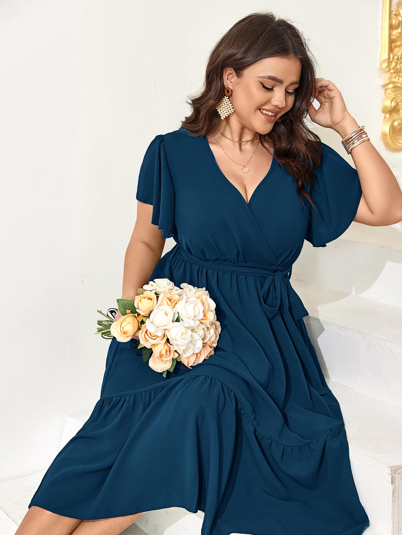 Plus Size Wedding Guest Dress for Women - Summer Wrap V-Neck Short Sleeve Belted Ruffle Hem A-Line Flowy Maxi Dress | Perfect for Weddings, Parties & Special Occasions