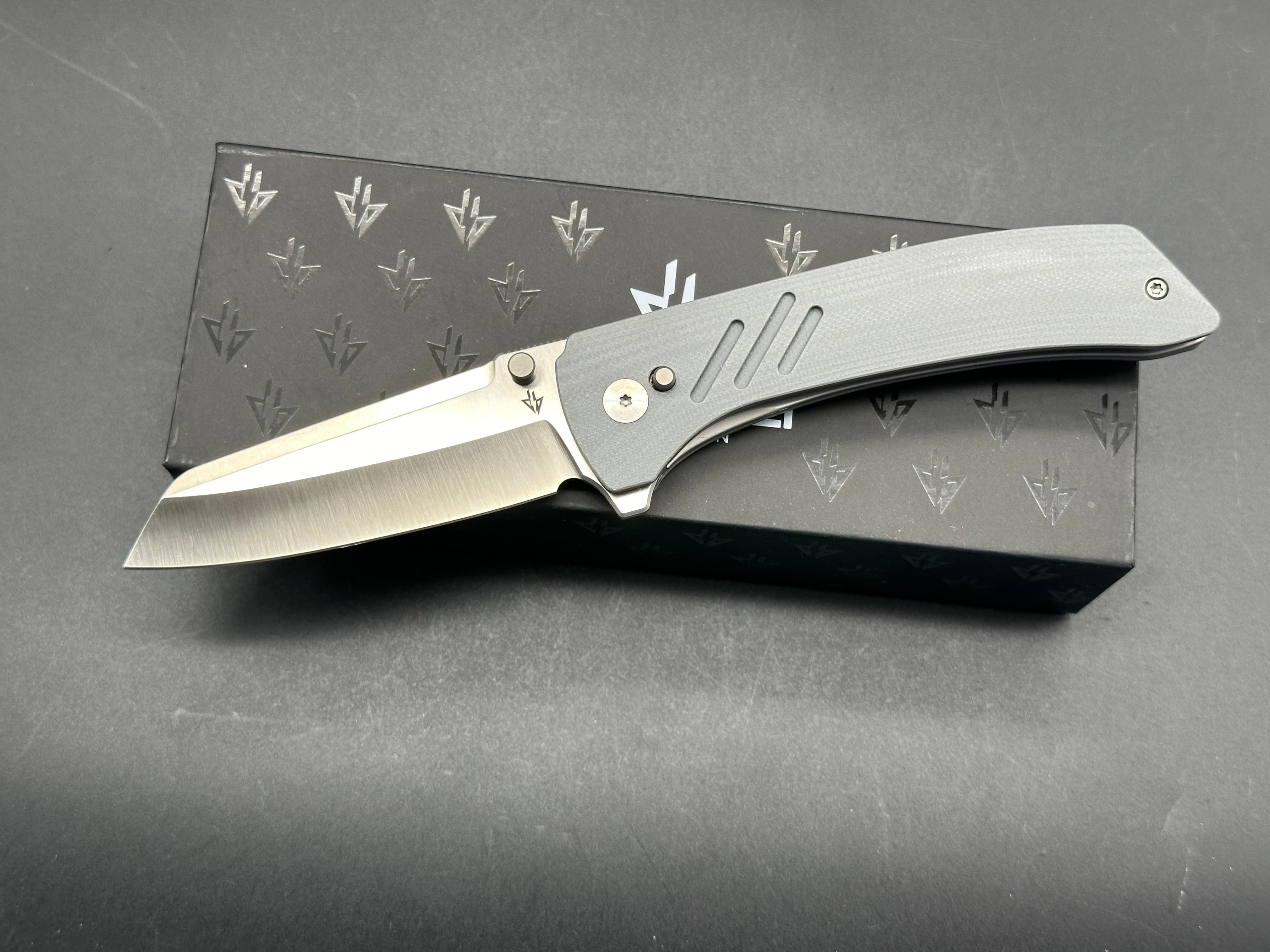 DARK BOLT DESIGN ARCUS Folding Knife - Gray G10 Handle, 20CV Steel Sheepsfoot Plain Edge Blade - EDC Pocket Knife for Camping, Hiking & Outdoor Survival