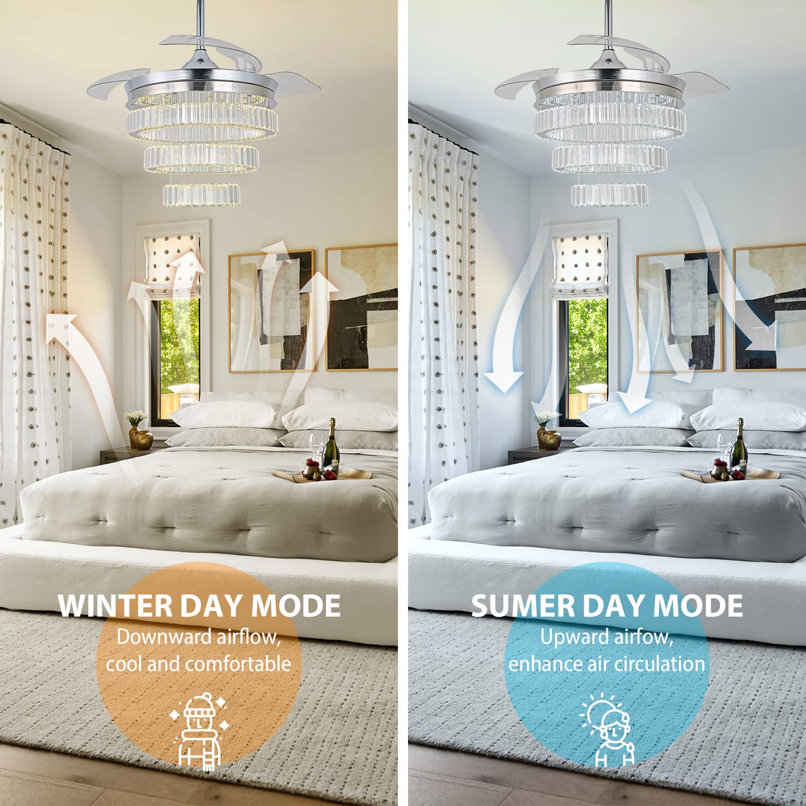 CXGLEAMING 42-Inch Modern Crystal Ceiling Fan with LED Lights & Dimmable Chandelier - 3 Ring Crystal Fandelier, 6-Speed Flush Mount Fan for Living Room, Bedroom, Dining Room - Perfect for Home Decor & Air Circulation