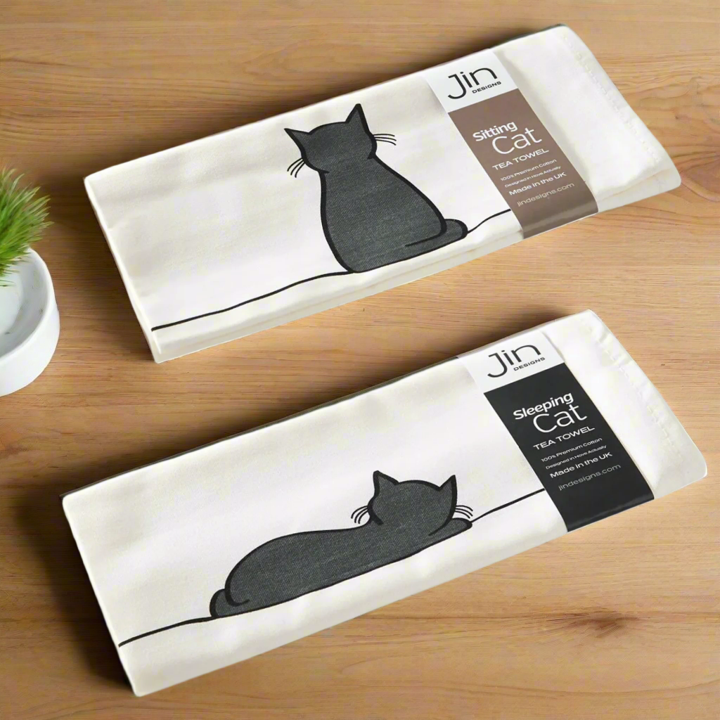 Cute Sitting Cat Tea Towel - 100% Cotton Kitchen Towel, Handmade in UK by Jin Designs - Perfect for Drying Dishes, Decorating Kitchen & Gift Giving