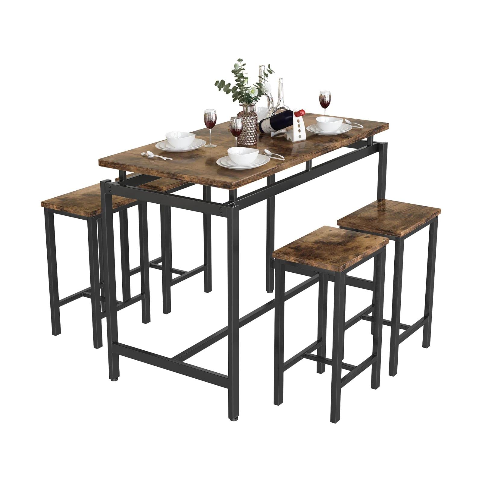 Modern 5-Piece Industrial Bar Height Dining Table Set for 4 - Kitchen & Pub Table with 4 Chairs - Perfect for Small Spaces, Breakfast Nooks & Compact Apartments - Durable Metal Frame & Wooden Tabletop for Casual Dining & Entertaining