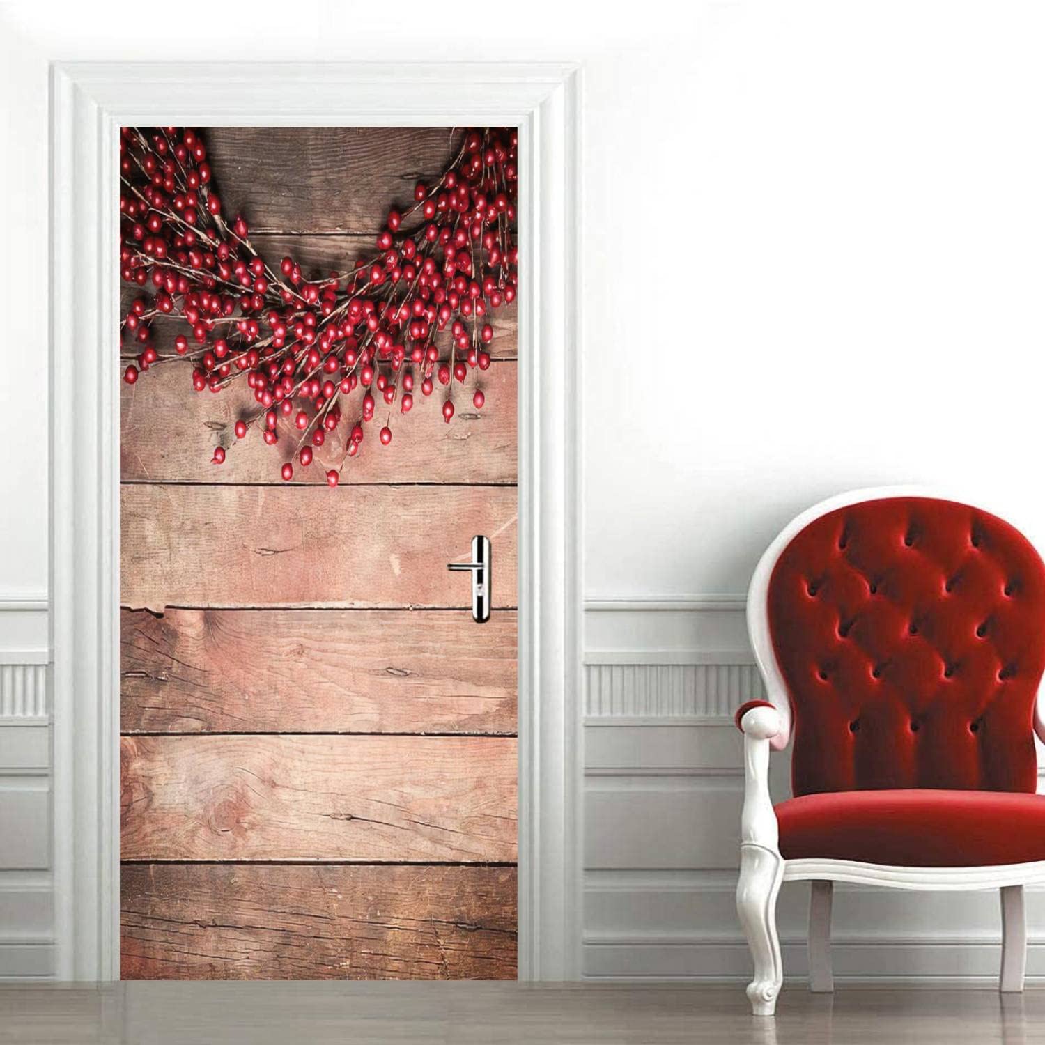3D Door Mural Decal Wreath - Rustic Wood Door Sticker Poster | Peel & Stick Wallpaper | Self-Adhesive Removable Wall Decal for Bedroom & Home Decor (30.3