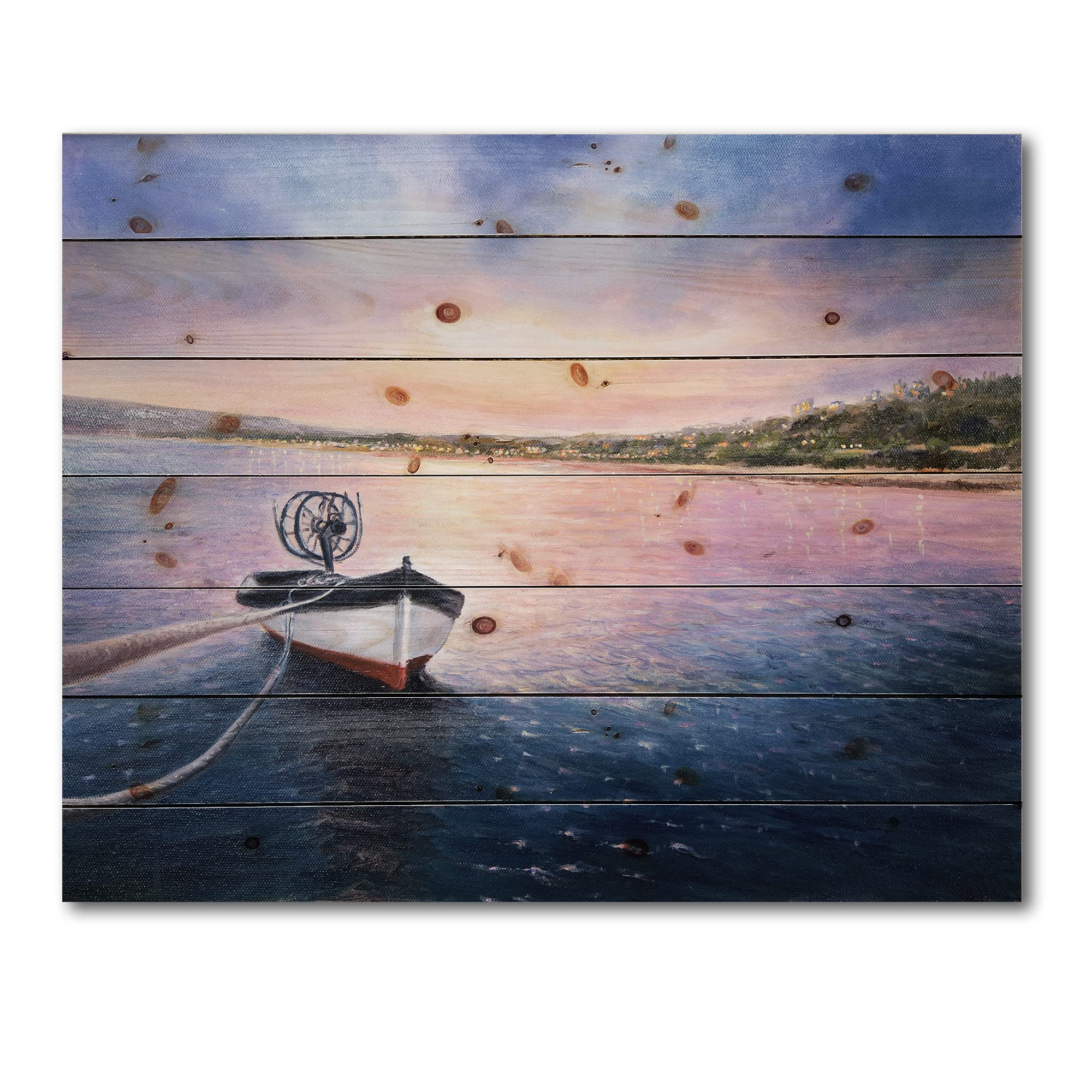 Vibrant Sunset Fishing Boat Wood Wall Art - Pine Wood Decor for Lake House