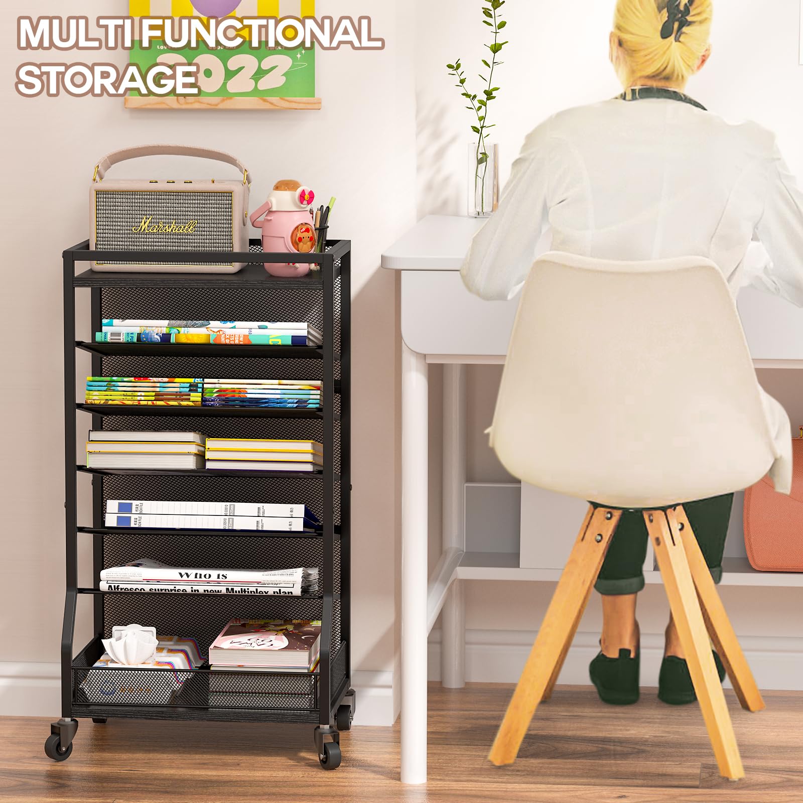 7-Tier Rolling File Cart with Sliding Trays - Wood & Metal File Organizer for Desk, Free-Standing File Holder & Paper Letter Tray - Mesh Desk Organizer for Home, Office & School (Patented) - Perfect for Document Storage, Office Organization & Workspace Efficiency