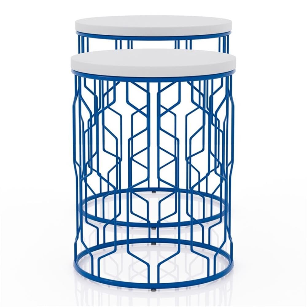 Furniture of America Vereira Metal 2-Piece Nesting Table Set - Blue & White Modern Side Tables for Living Room, Bedroom, or Office Decor