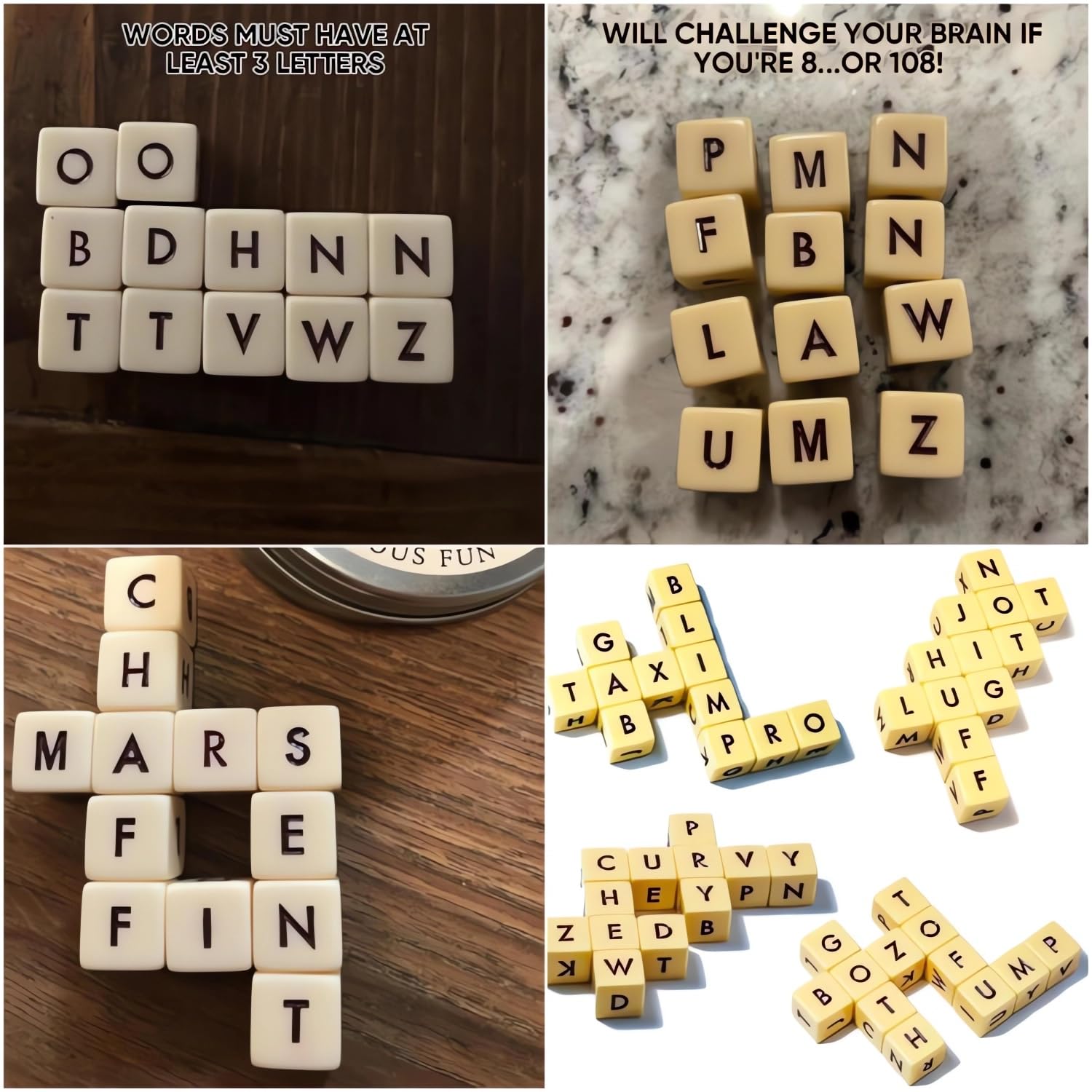 Q-Less Word Dice Game - Set of 12 Engraved 6-Sided Dice for Adults & Kids - Fun Crossword Solitaire, Spelling & Thinking Game - Perfect for Travel, Camping & Family Game Nights