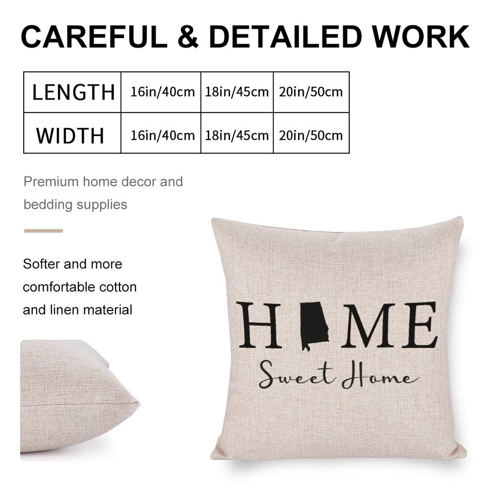 Alabama State Map Linen Throw Pillow Covers 20x20 Inches - Farmhouse Home Sweet Home Decorative Cushion Covers for Living Room, Bedroom & Sofa - Cozy Southern Style Home Decor