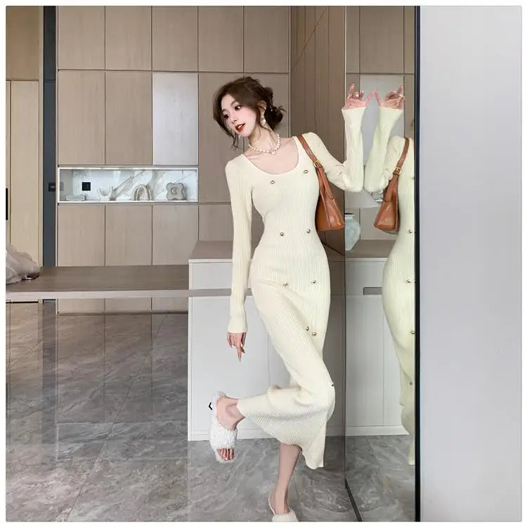 French Fashion Women's Elegant Long Sleeve Knit Dress - Square Neck Wrap Hip Office Dress for Autumn Winter | Slim Fit & Comfortable for Work, Parties & Date Nights