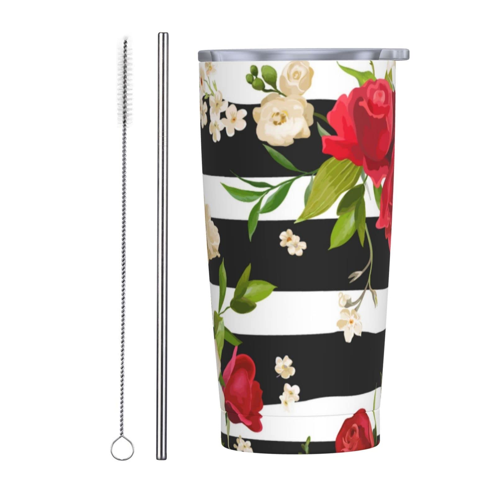 SWEET TANG 20oz Insulated Stainless Steel Travel Coffee Tumbler - Leakproof Thermal Mug with Lid & Straw for Hot & Cold Drinks - Black White Stripes Red Rose Floral Design - Perfect for Office, School, Camping, Hiking, Commuting & Daily Use