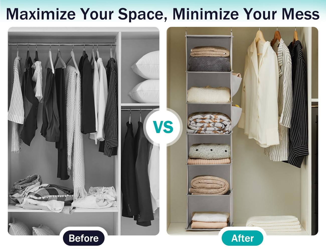 6-Shelf Hanging Closet Organizer - Sturdy Bamboo Frame with Fabric Storage | Space-Saving Sweater & Clothes Organizer (11.8”x11.8”x47.2”, Light Grey) | Perfect for Bedroom, Closet & Dorm Organization