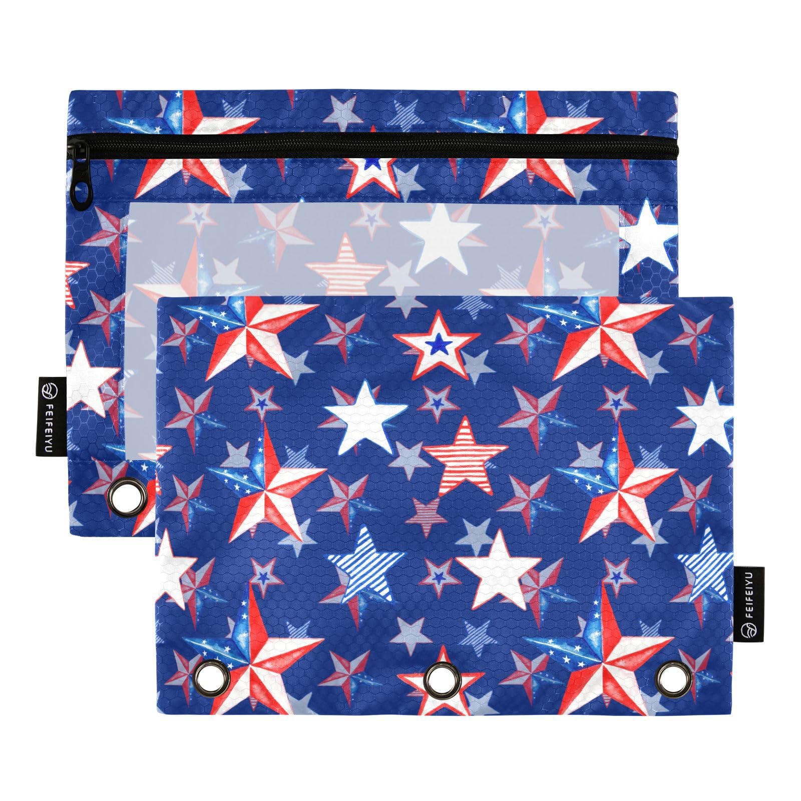 USA Stars Watercolor Pencil Pouch - 2 Pack Zippered Binder Pouch with Clear Window for 3-Ring Binders | Patriotic 4th of July School & Office Supplies | Perfect for Students, Teachers & Home Organization