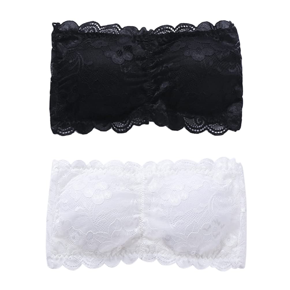 VALICLUD 2-Pack Floral Lace Tube Top Bra - Strapless Bralette for Women & Girls (Black+White) | Seamless Comfort for Summer, Beach, Party & Everyday Wear