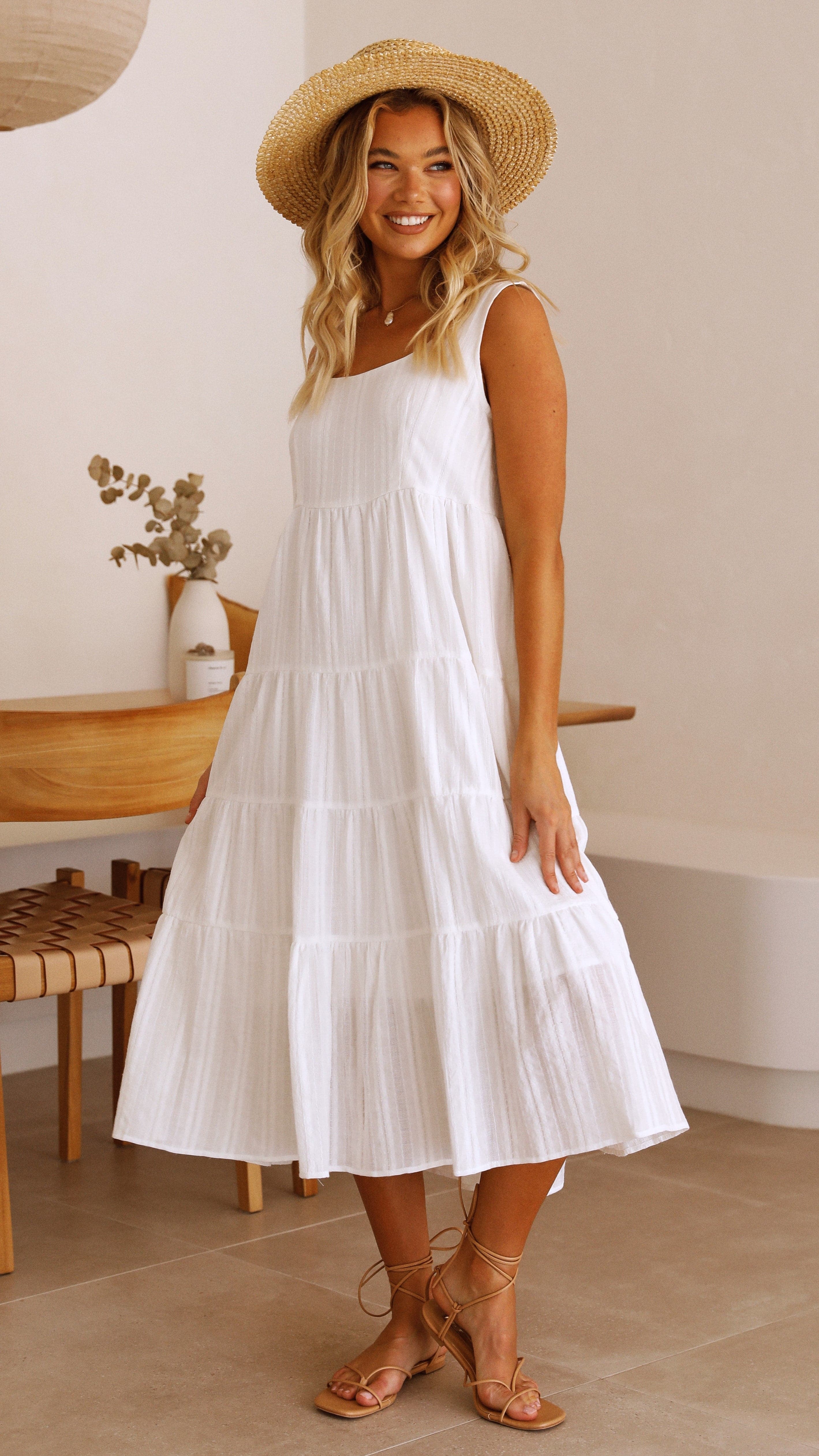 Liza Midi Dress for Women - Elegant White Summer Dress for Casual Wear, Office & Date Night