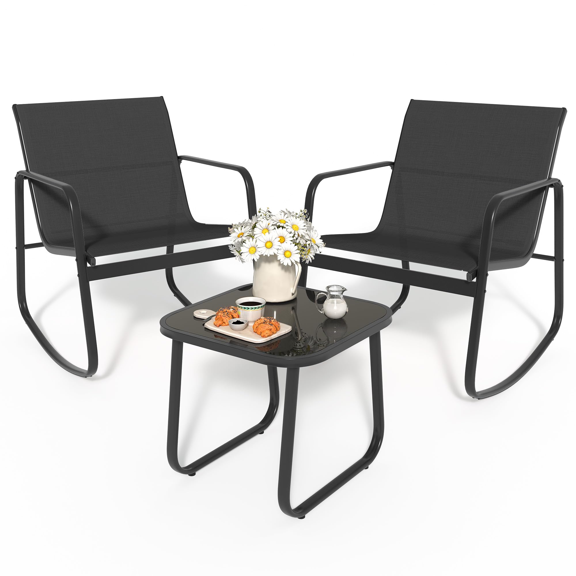 YITAHOME 3-Piece Outdoor Patio Furniture Set with Rocking Bistro Chairs & Tempered Glass Table - Textilene Fabric Conversation Set for Backyard, Garden, Balcony, Poolside (Black) | Perfect for Relaxing, Entertaining & Small Outdoor Spaces
