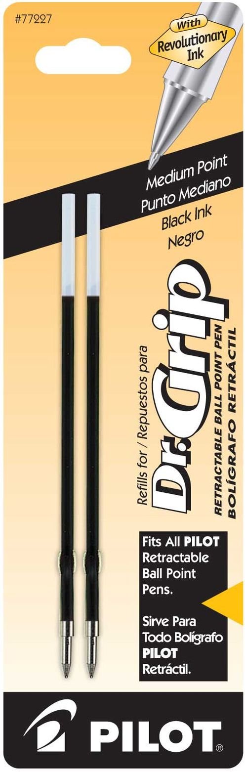 Pilot Dr. Grip Ballpoint Pen Refills 2-Pack - Medium Point Black Ink (77227) for Smooth Writing - Perfect for Office, School & Everyday Use