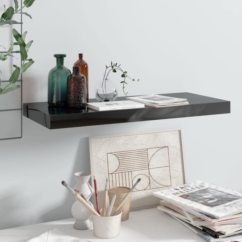 Modern Floating Shelves Set of 3 - Wall Mounted Shelves for Bedroom & Living Room - High Gloss Black MDF Decorative Wall Shelves 23.6