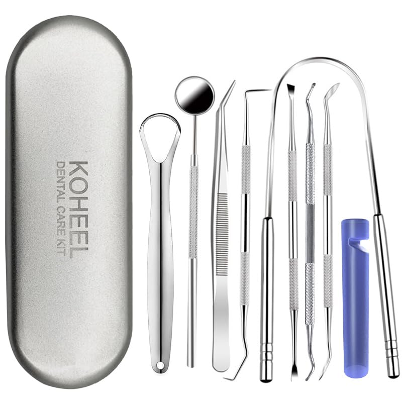 KOHEEL Professional Dental Tools Set with Metal Case - Teeth Cleaning Kit for Plaque & Tartar Removal, Oral Hygiene Care with Tongue Scraper, Gum Cleaner, Dental Probe & Tweezers (1 Pack) - Perfect for Dentists, Home Use & Travel Oral Care