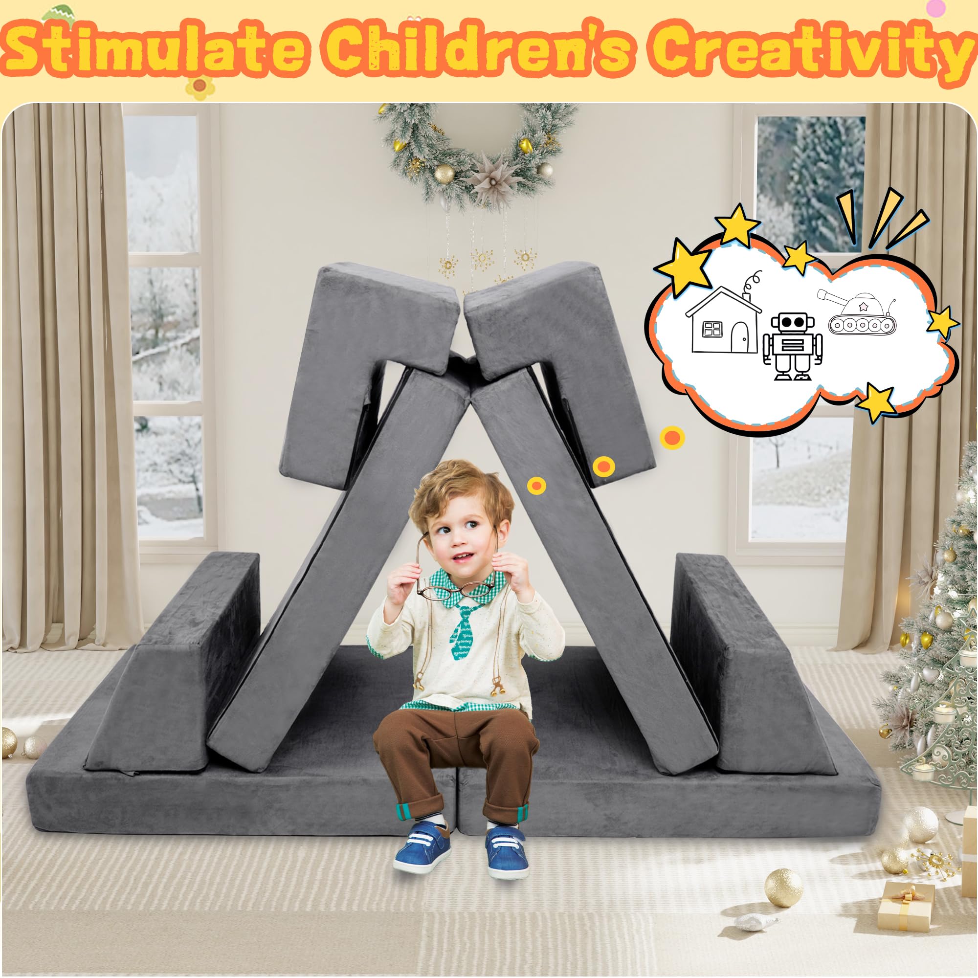 **Modular Kids Play Couch for Toddlers & Babies - Convertible Playroom & Bedroom Furniture - Imaginative Play Couch for Boys & Girls - Perfect Gift for Kids (Grey) - Ideal for Playtime, Reading & Relaxation**