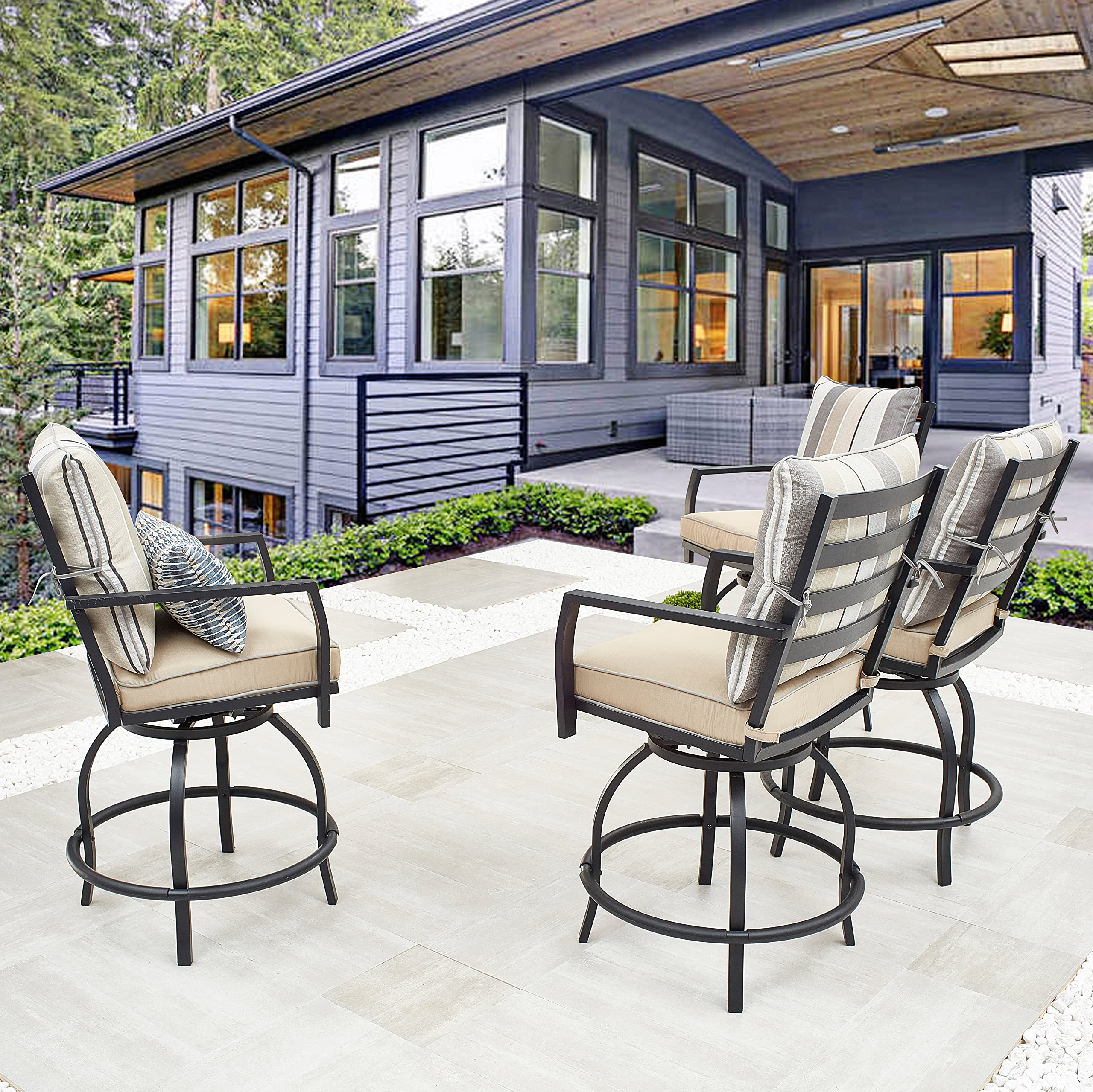 LOKATSE HOME Outdoor Swivel Bistro Chairs - Set of 4 Patio Bar Stools with Cushion, Beige Metal Furniture for Garden, Poolside, and Backyard Relaxation