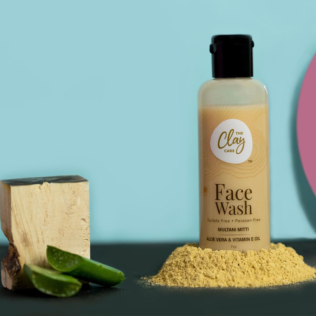 Clay Care Multani Mitti Face Wash for Oily & Acne-Prone Skin - Aloe Vera & Vitamin E Enriched, Paraben & Sulfate Free, Vegan & Eco-Friendly (100ml) | Daily Cleansing for Men & Women | Perfect for Morning & Night Skincare Routine
