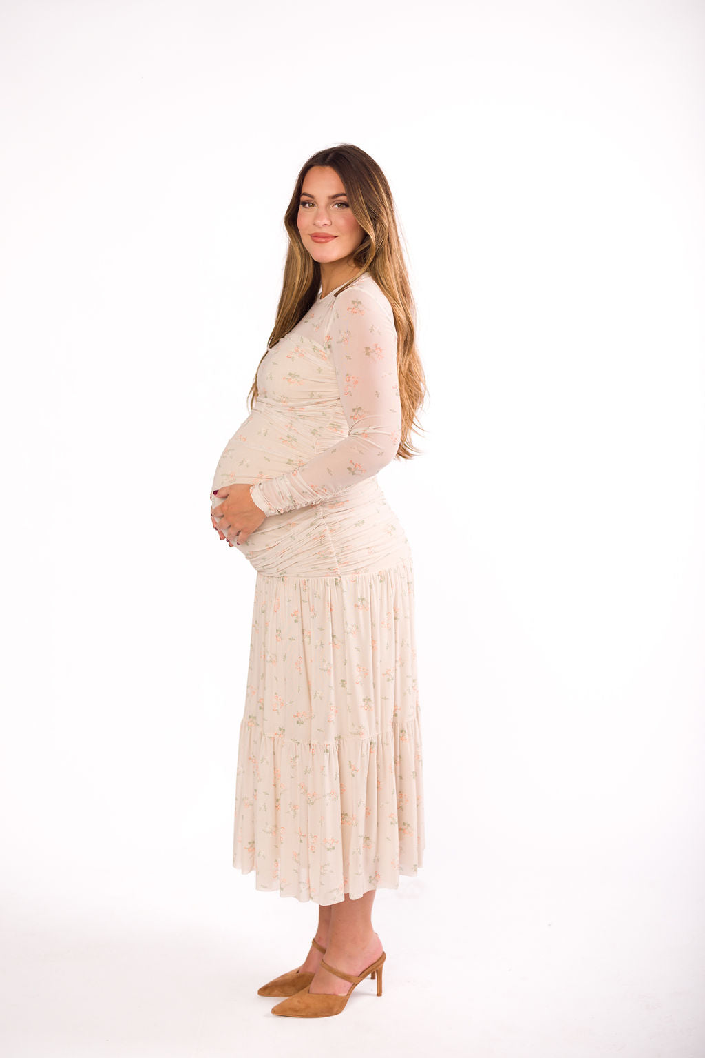 Camille Mesh Gathered Side Seam Maxi Dress in Nude Multi Floral - Bump Friendly Maternity Dress for Pregnancy, Nursing & Special Occasions | Perfect for Baby Showers, Weddings & Summer Vacations