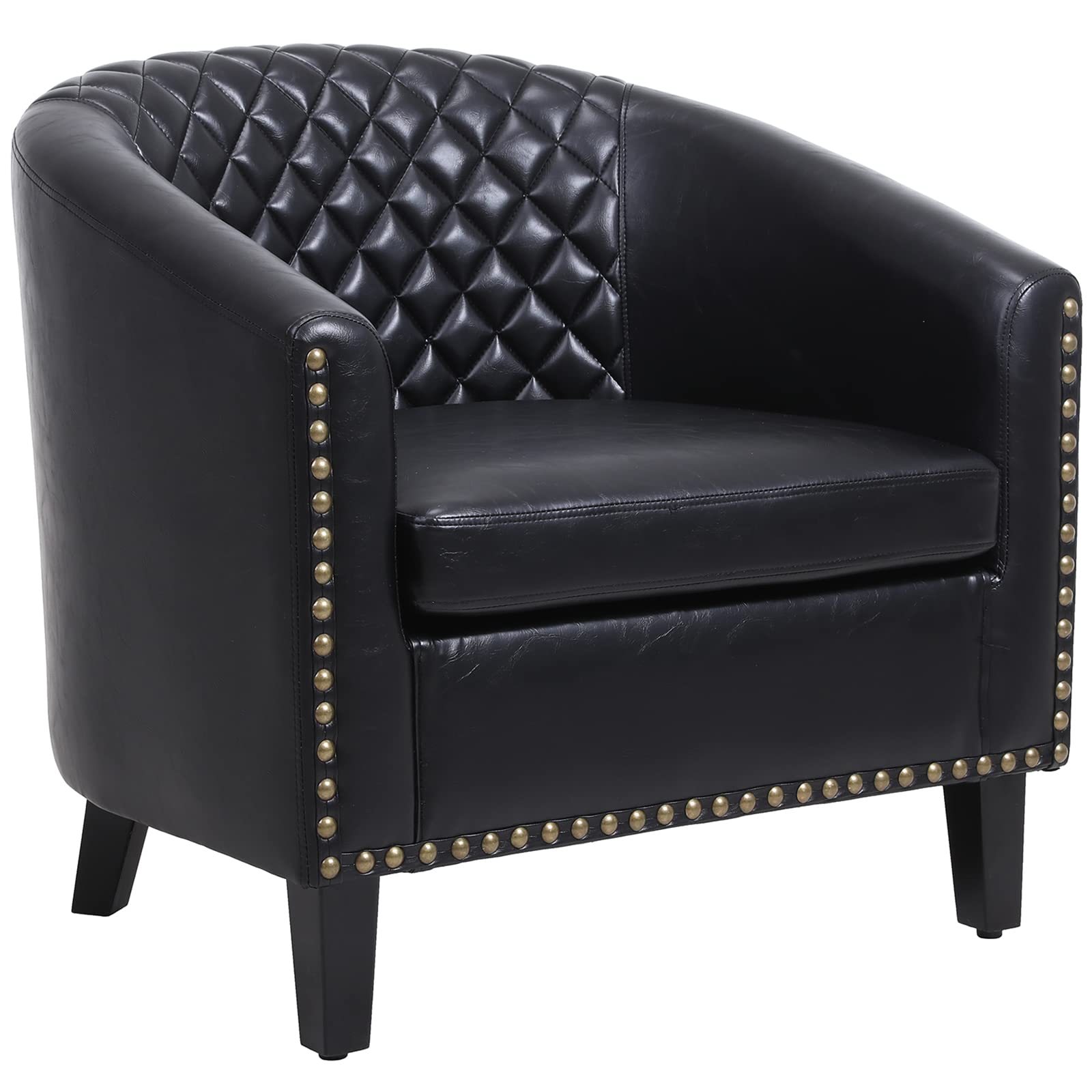 Henf Faux Leather Barrel Accent Chair - Mid Century Modern Armchair with Decorative Nailheads & Solid Wood Legs - Upholstered Living Room Club Chair for Reading, Lounging & Home Office - Perfect for Small Spaces & Apartment Decor