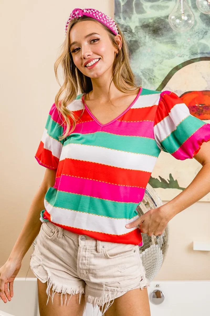 BiBi Women's Multi Stripe Color Print Puff Sleeve V-Neck Blouse - Trendy Casual Top for Spring/Summer Outfits, Date Nights & Office Wear