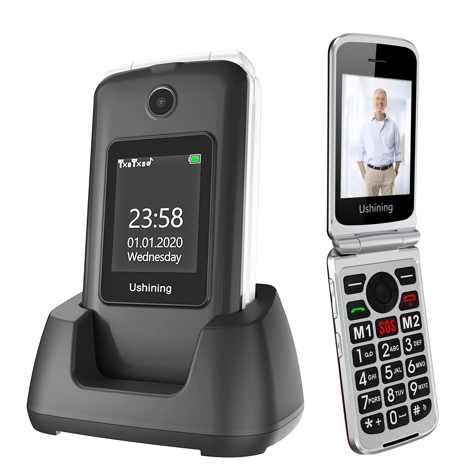 USHINING 3G Unlocked Senior Flip Phone - Dual Screen, SOS Button, Large Buttons & Volume - T-Mobile Compatible Basic Cell Phone with Charging Cradle - Perfect for Elderly & Visually Impaired (Black) | Easy-to-Use Mobile Phone for Seniors at Home & Travel