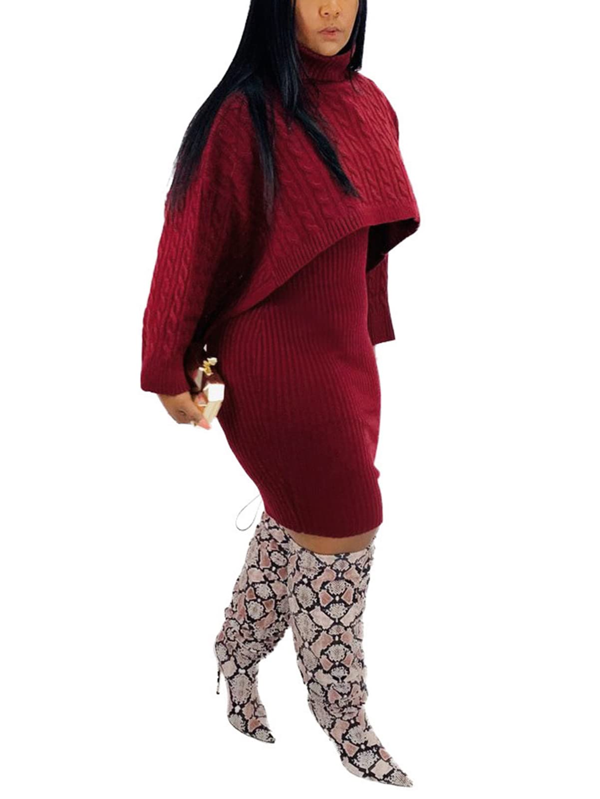 Women's 2 Piece Outfit Set - Knitted Long Sleeve Turtleneck Sweater & Bodycon Midi Dress | Winter Fashion, Casual Wear, Office Outfit, Date Night & Holiday Party Outfits