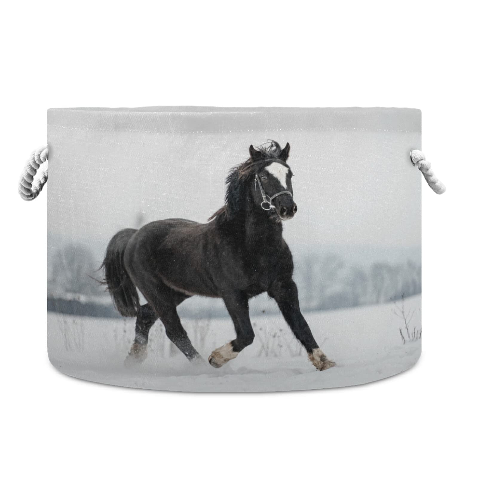 Extra Large Round Laundry Basket with Thick Cotton Rope Handle - Waterproof Canvas Storage Hamper for Clothes, Blankets & Toys | Snowy Running Horse Decor | Nursery, Kids Room & Home Organization | Perfect for Baby Essentials, Bedroom Storage & Laundry Room Organization