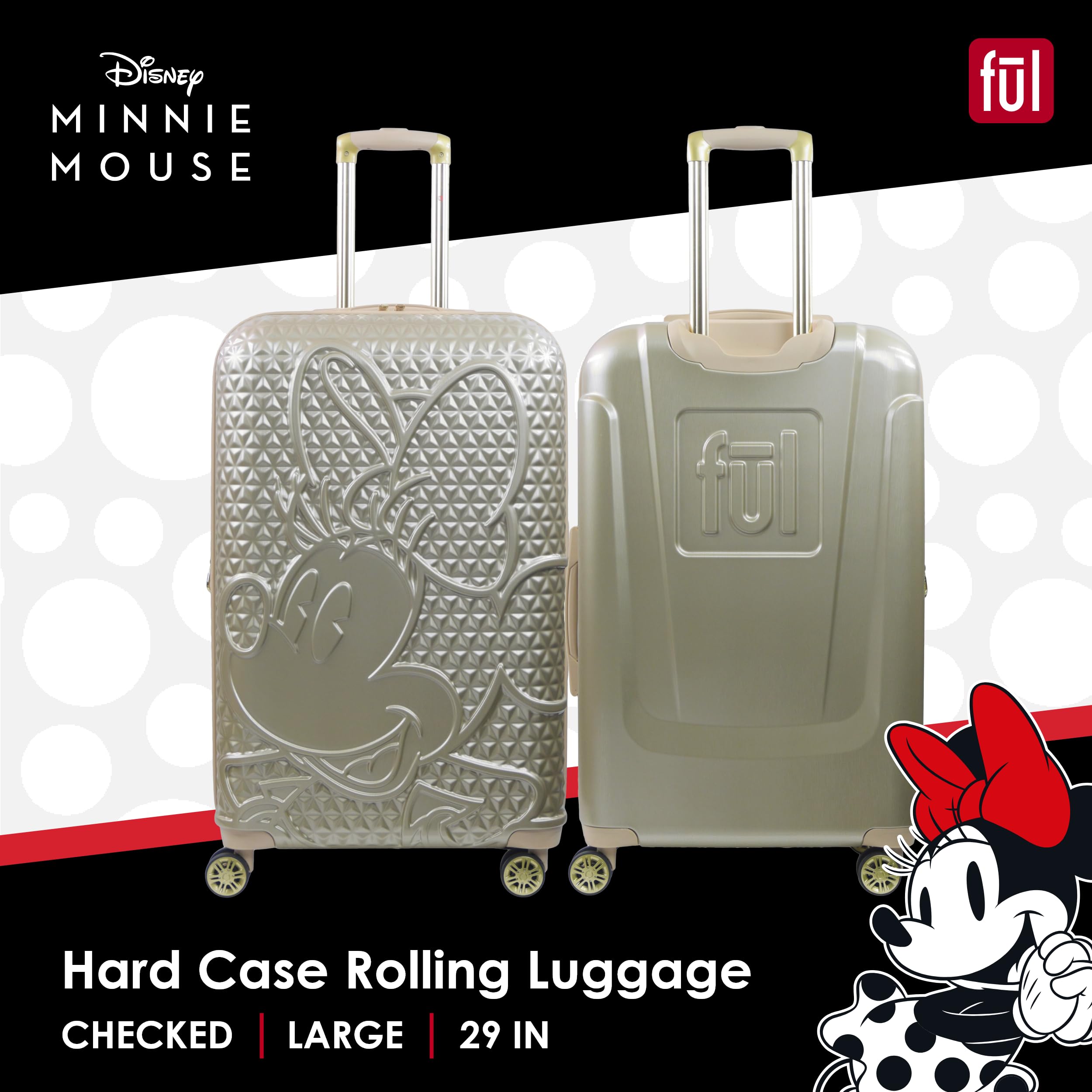 Disney Minnie Mouse Rolling Luggage - 29 Inch Textured Hardshell Suitcase with 360° Spinner Wheels, Gold - Perfect for Travel, Vacations & Disney Theme Park Trips
