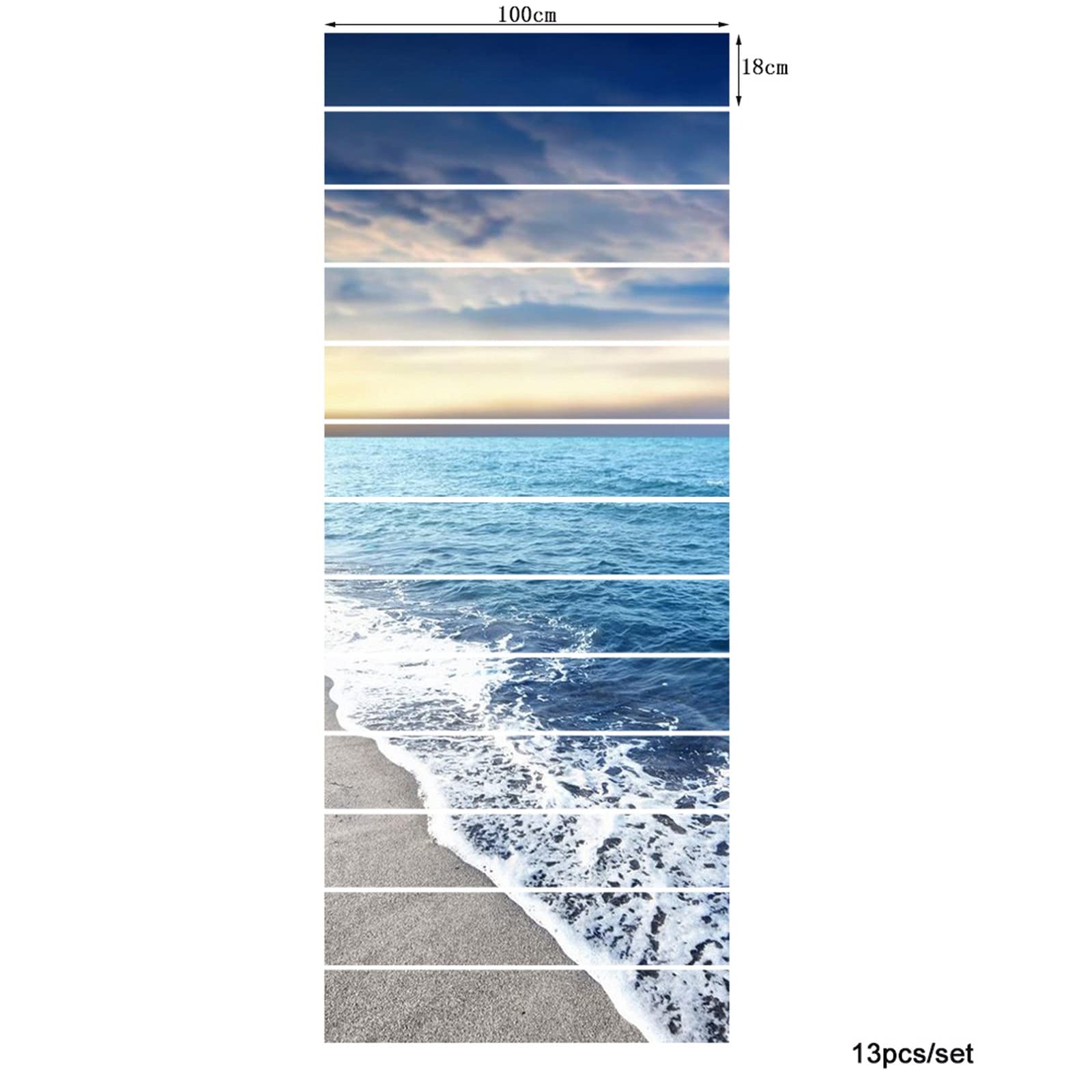 3D Self-Adhesive Removable Stair Stickers - Blue Ocean Waves & Sunset Sky Vinyl Decals for Stairs, Kitchen Tiles & Walls | Nature Landscape Mural Wallpaper (13-Piece Set) | Perfect for Home Decor, Staircase Makeover & DIY Interior Design