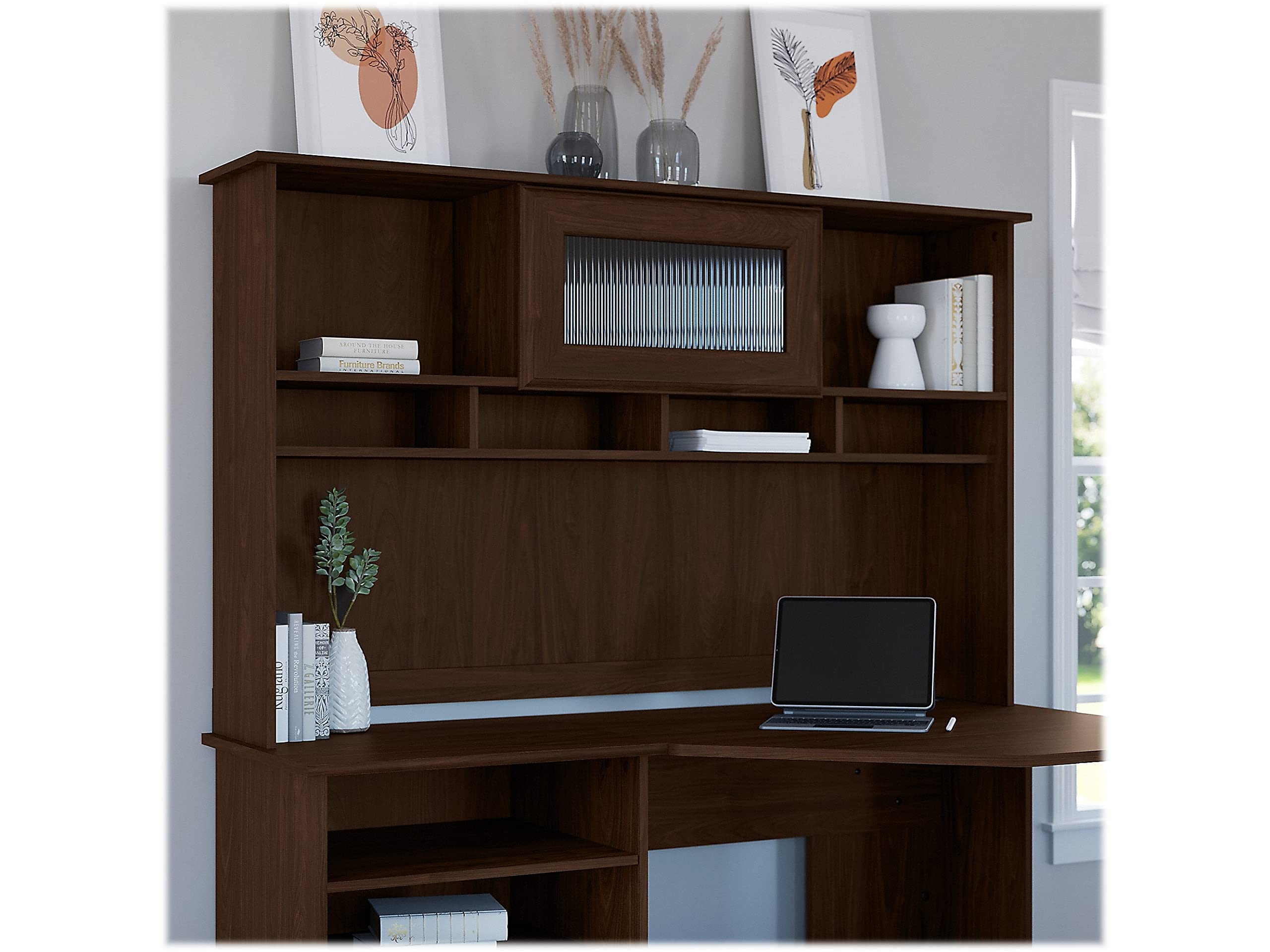 Bush Furniture Cabot 60W Modern Walnut Desk Hutch with Storage Shelf - Perfect for Home Office, Study Room & Workspace Organization