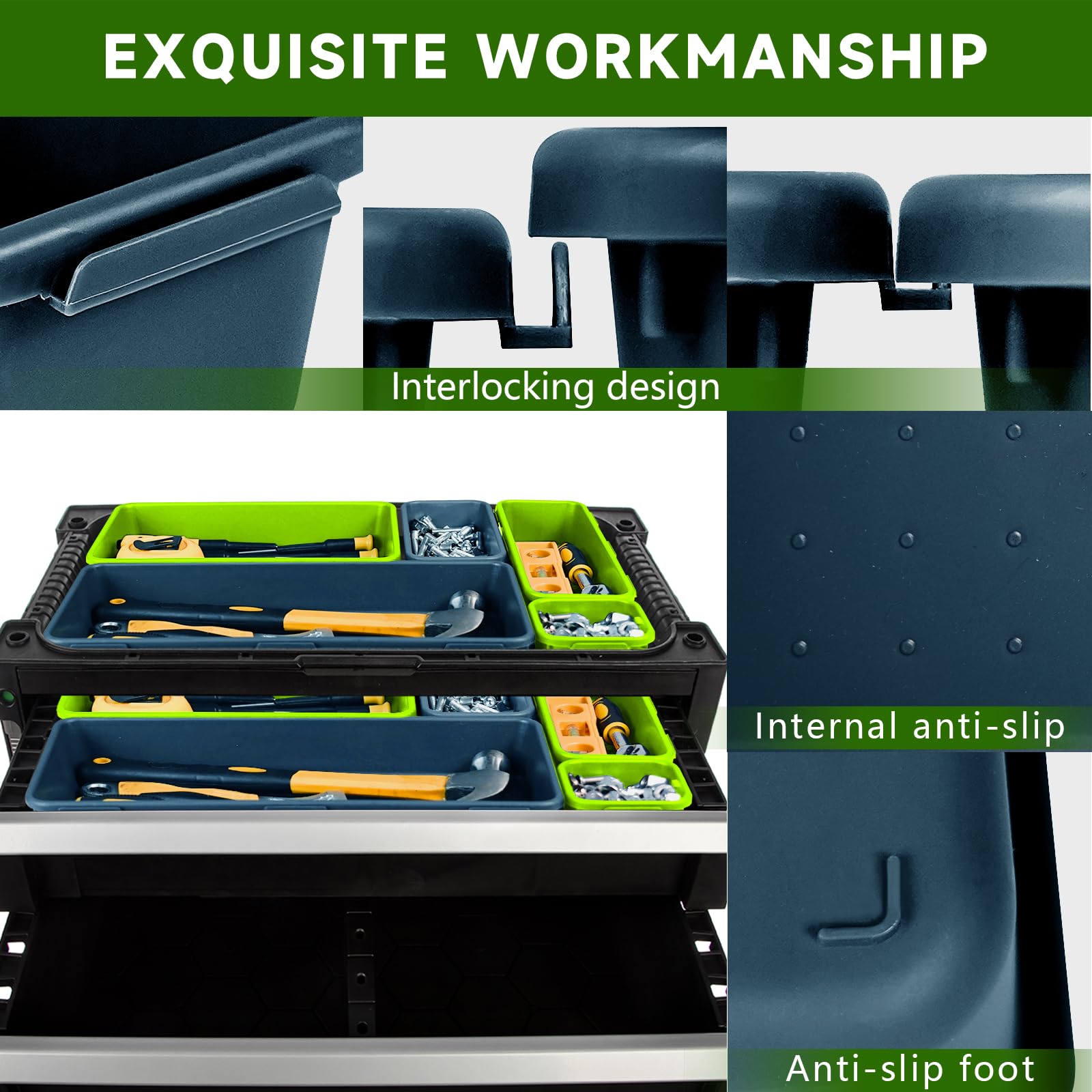 60-Piece Tool Box Organizer Tray Set (Blue & Green) - Heavy Duty Toolbox Drawer Organizer for Rolling Tool Chests, Perfect for Garage, Workshop & DIY Projects