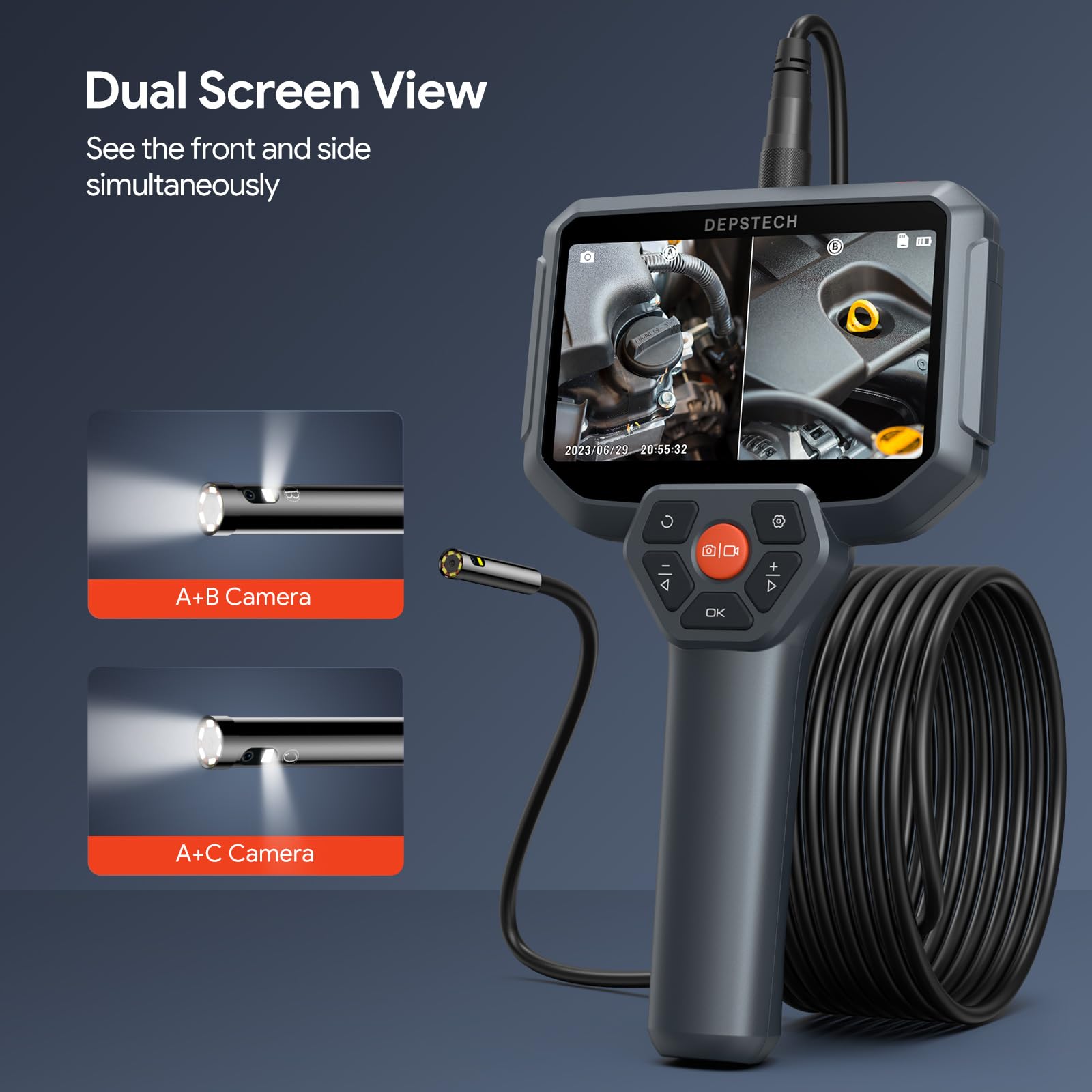 DEPSTECH Upgraded 50FT Triple Lens Sewer Inspection Camera - 5'' IPS Endoscope with LED Light, 1080P HD Borescope, Split Screen & Waterproof Design for Drain Pipe Plumbing - Perfect for Home Repairs, DIY Projects & Professional Plumbing Inspections