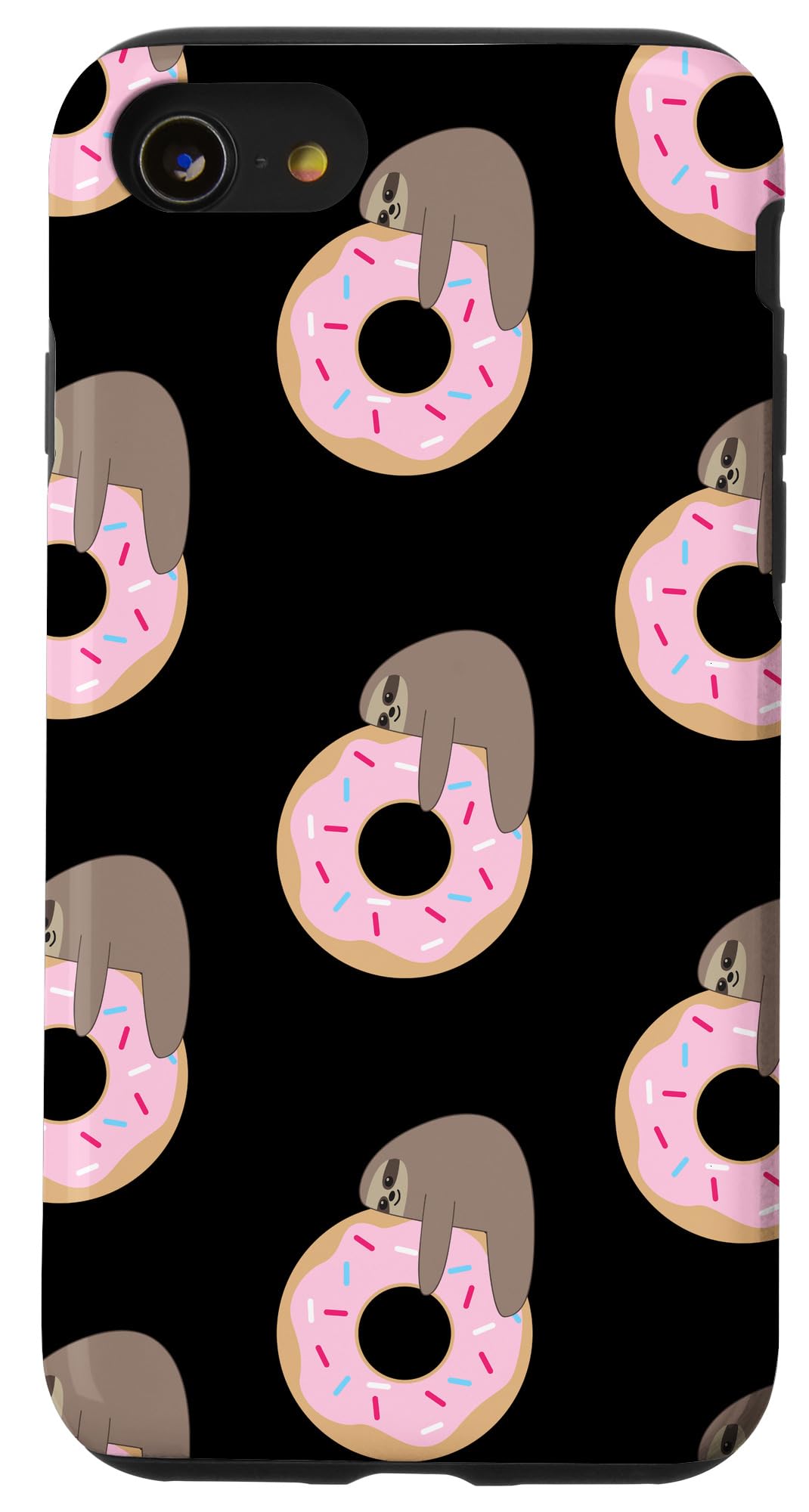 iPhone SE (2020)/7/8 Sloth Hugging Donut Black Scatter Case - Cute Protective Phone Cover for Apple iPhone SE 2nd Gen, 7 & 8 - Perfect Gift for Animal Lovers & Donut Fans