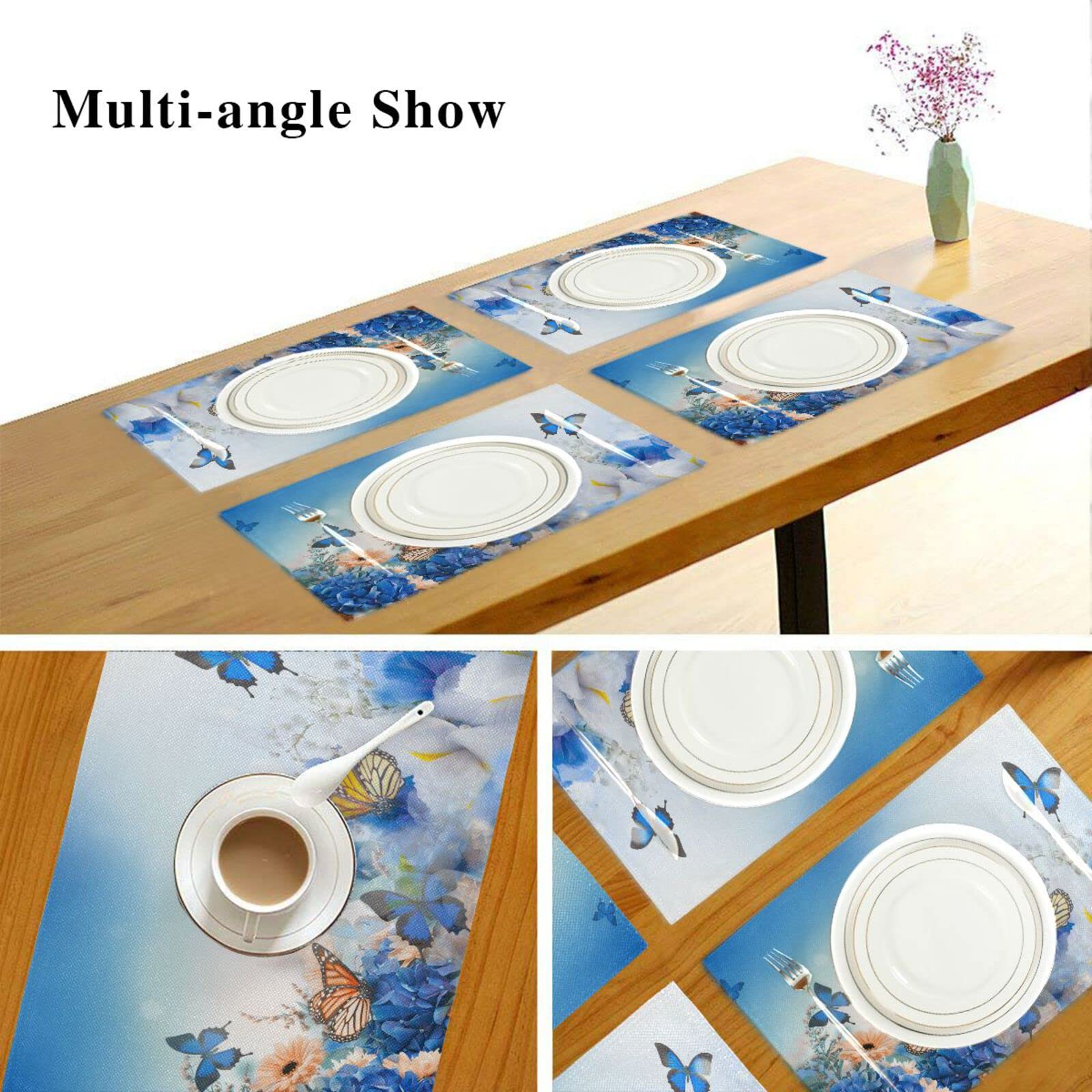 Blue Butterfly Floral Placemats Set of 4 - Washable & Heat Resistant 12x18 Inch Decorative Table Mats for Kitchen & Dining Room - Perfect for Spring Decor, Dinner Parties & Everyday Use