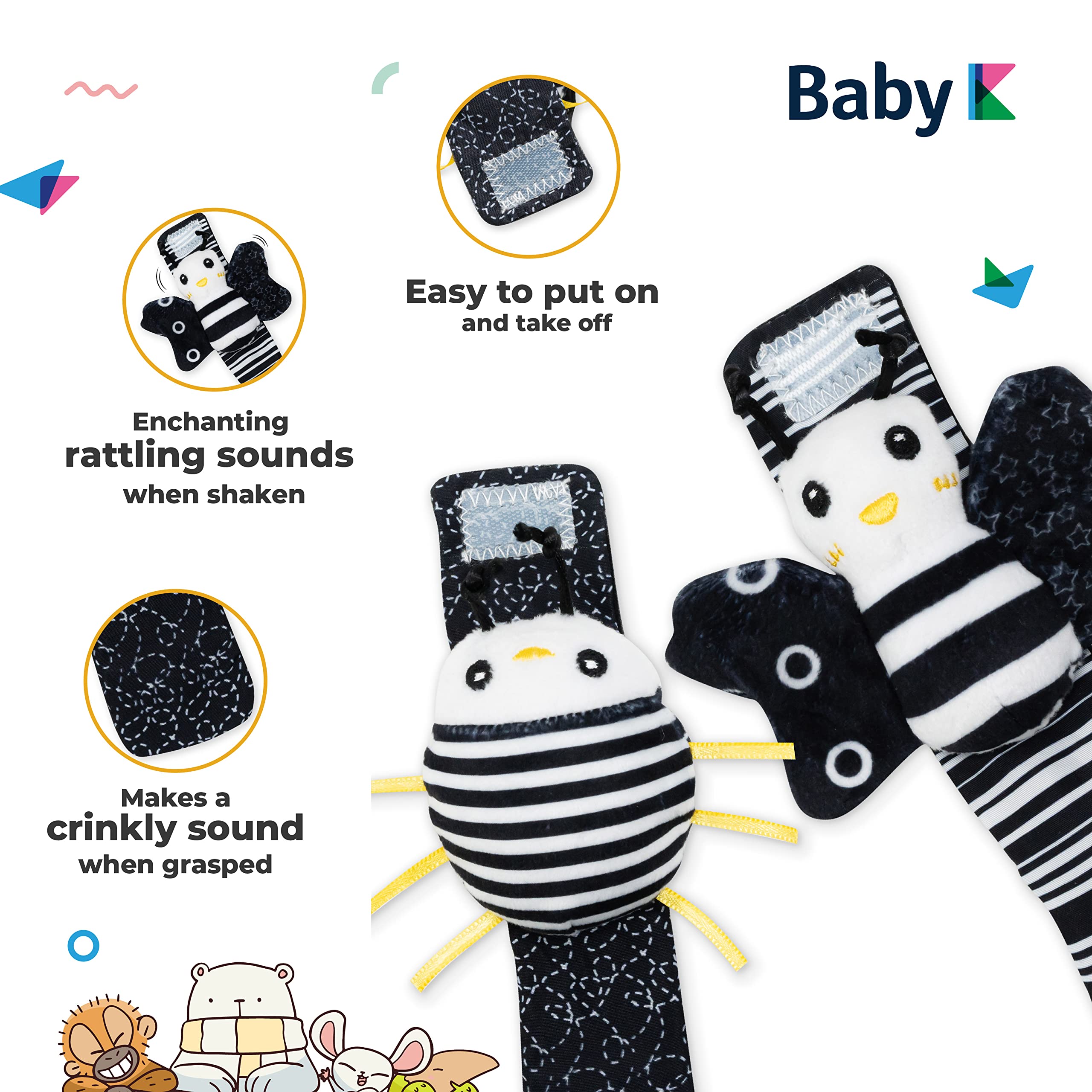 BABY K Baby Rattle Socks & Wrist Toys Set E - Newborn Infant Developmental Toys for Boys & Girls 0-12 Months - Soft Hand & Foot Rattles for Sensory Play & Brain Growth - Perfect Baby Shower Gift for Crawling & Tummy Time Activities
