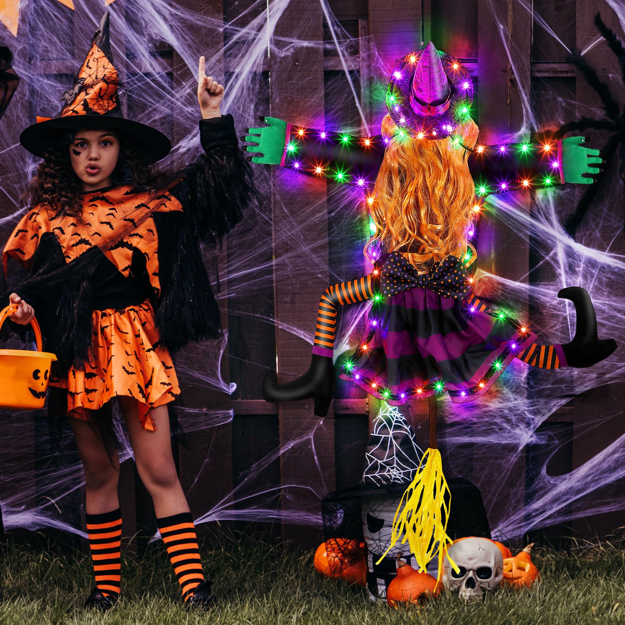 43 Inch Large Solar-Powered Crashed Witch Halloween Decoration with String Lights - Outdoor Porch, Garden, Patio, Pathway Party Decor (Purple, Orange, Green) - Perfect for Spooky Halloween Yard Displays and Themed Parties