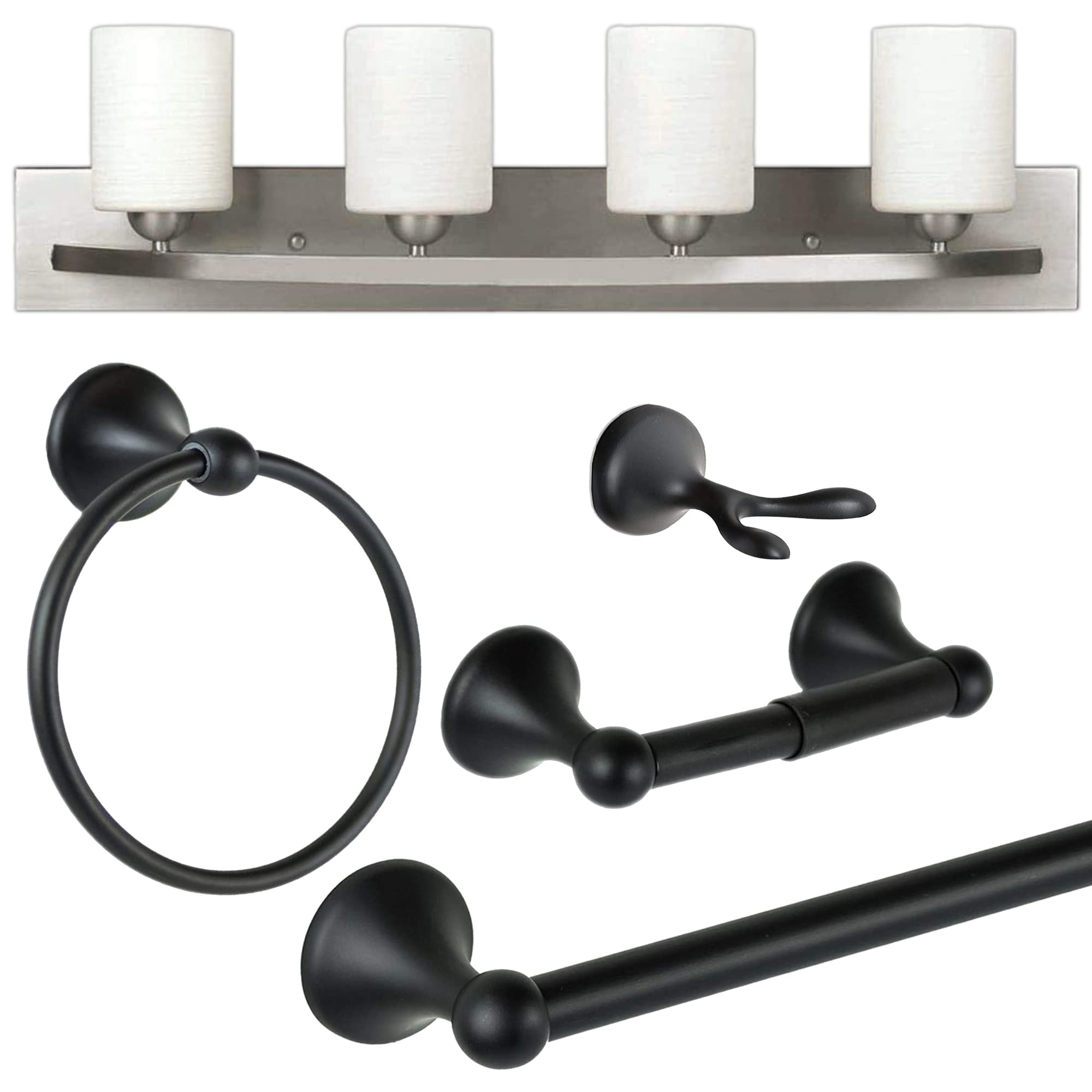24’’ Bathroom Hardware Set - Towel Bar, Toilet Paper Holder, Hand Towel Bar & Robe Hook with Vanity Light | Modern Bathroom Accessories for Home Decor & Organization