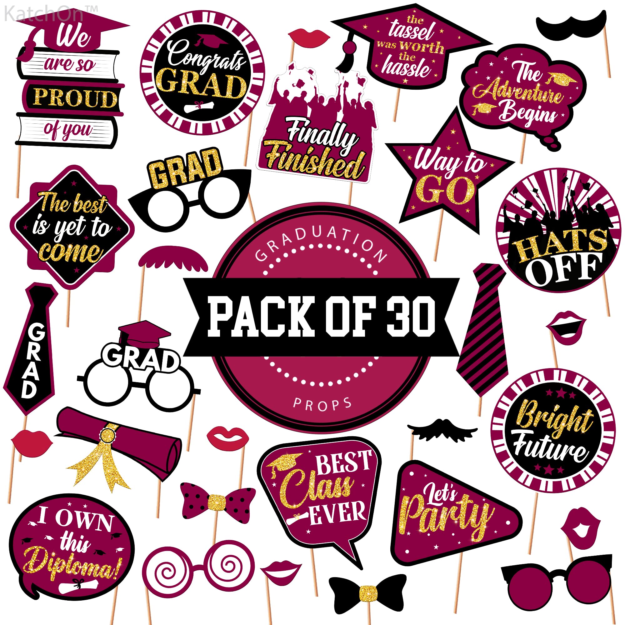 KatchOn 30-Pack Glitter Graduation Photo Booth Props 2025 - Maroon & Gold Graduation Decorations for Class of 2025 | Perfect for Graduation Parties, Photo Booths & School Celebrations