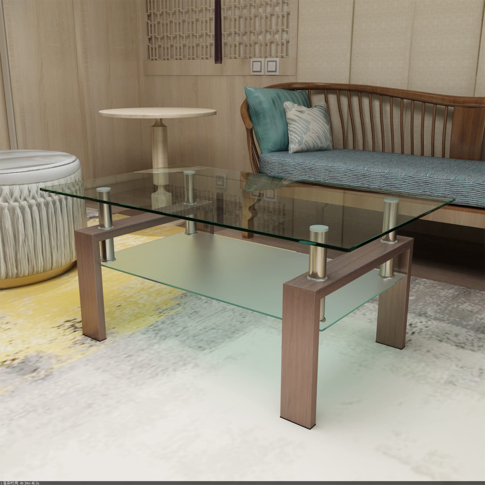 Modern Walnut Tempered Glass Coffee Table with Storage Shelf & Metal Frame - Stylish Living Room Side Table for Small Spaces, Apartments & Home Decor