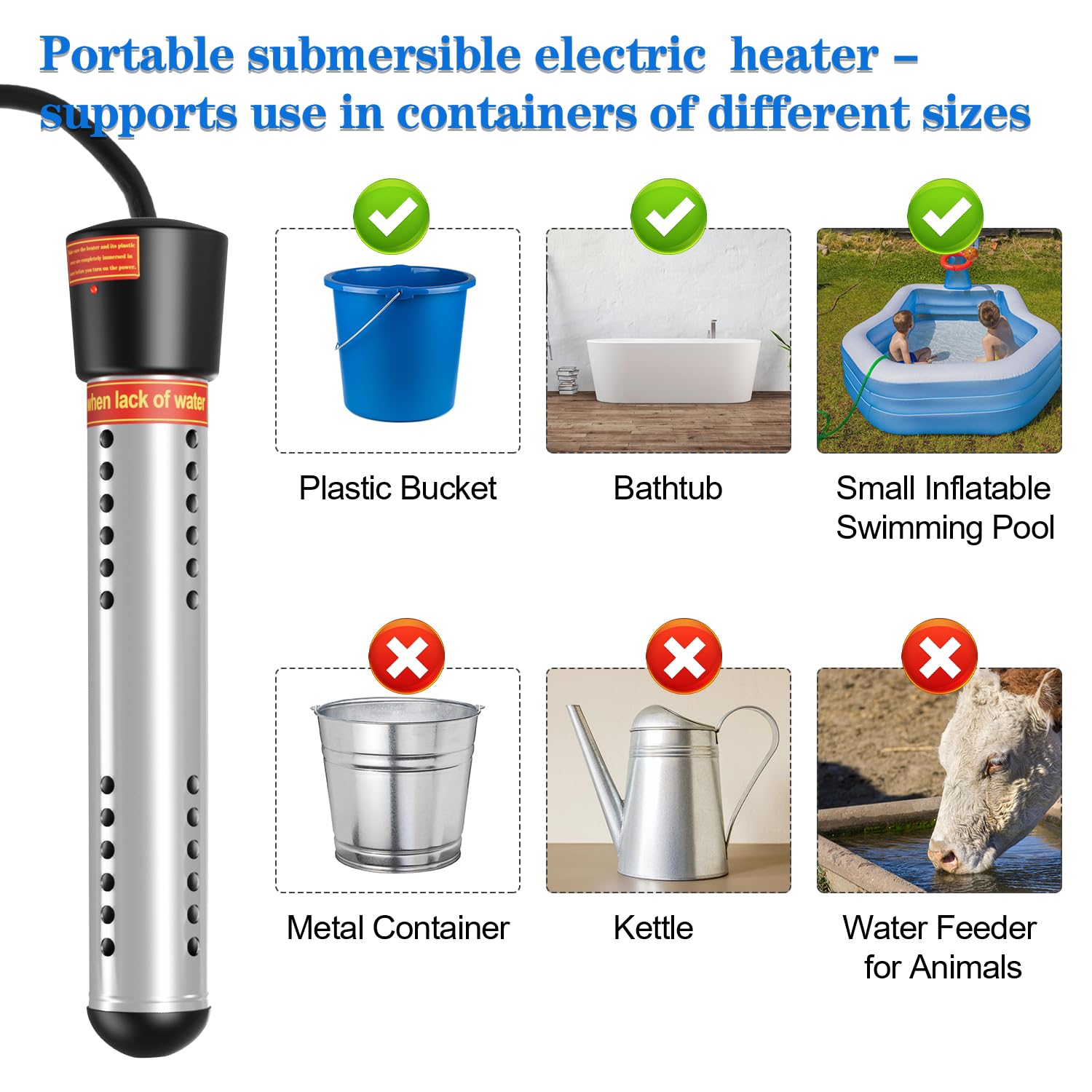 2000W Stainless Steel Immersion Water Heater with Digital LCD Thermometer - Bucket Heater for Pool, Bathtub, Inflatable Pool | Fast Heating for Home, Camping & Outdoor Use