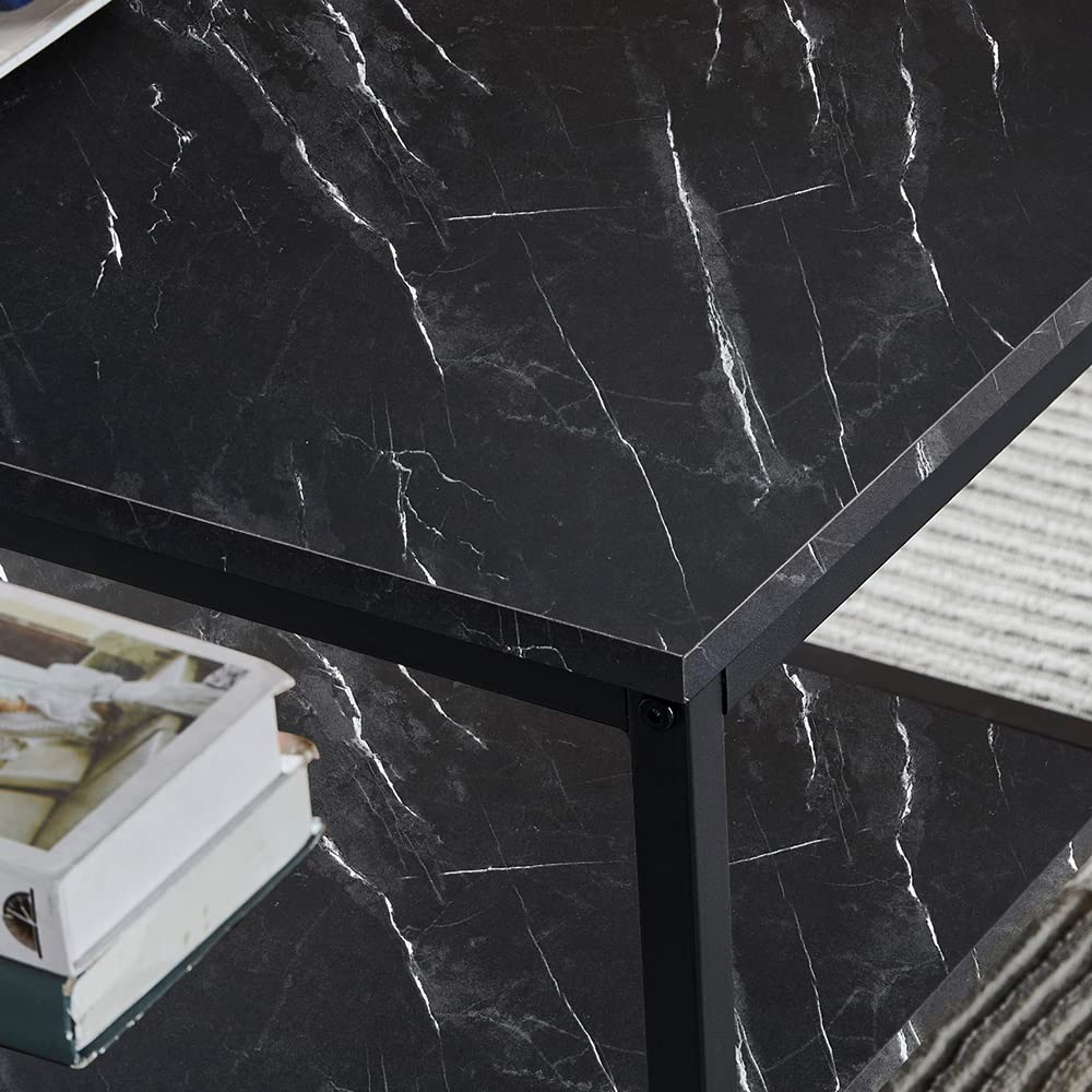 2-Tier Modern Coffee Table with Metal Frame & Marble Print Surface - End Table, Side Table, Sofa Table with Storage Shelf for Living Room, Bedroom, Home Office - Perfect for Snacks, Books & Decor
