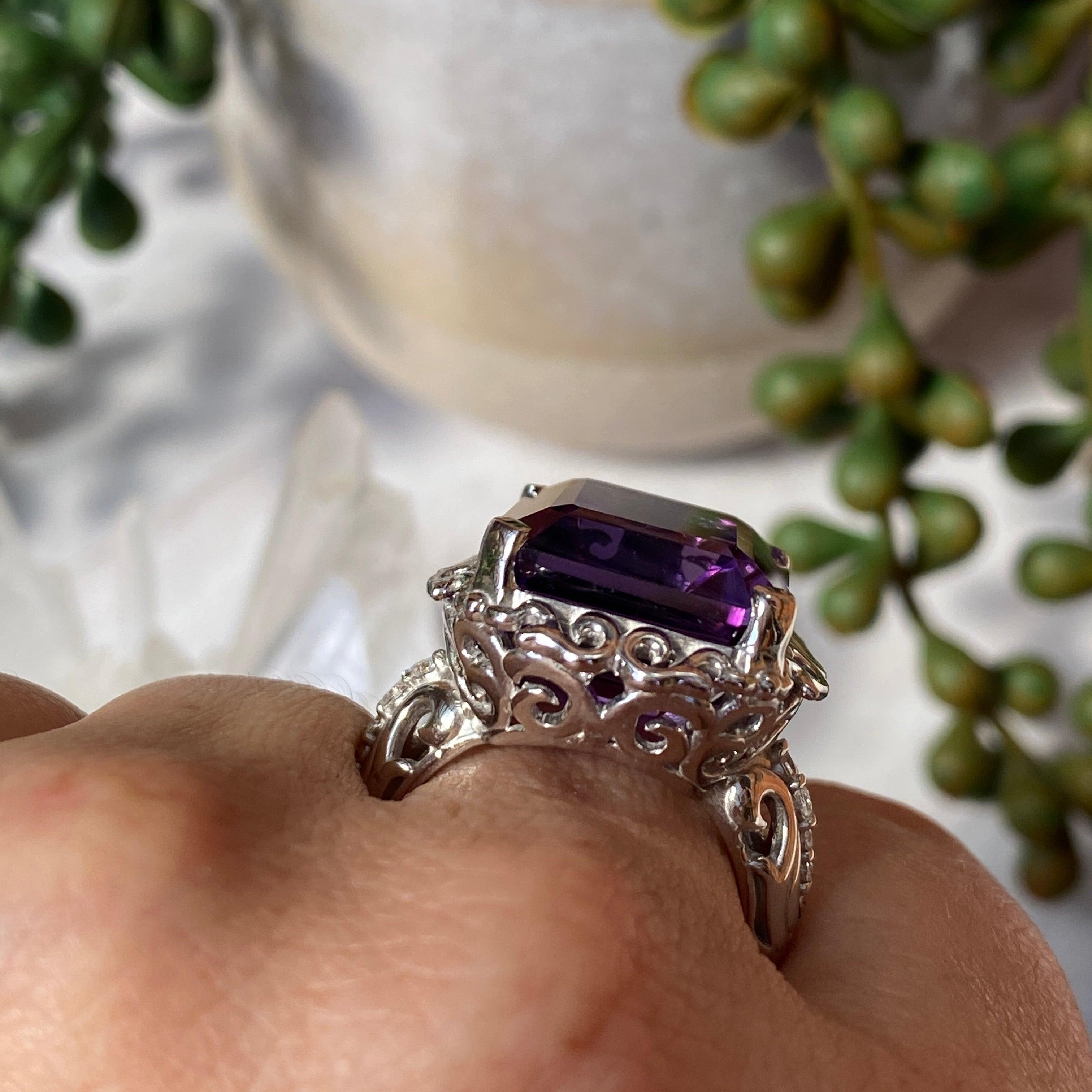 Amethyst Emerald Cut Ring with CZ Accents - Size 8 - HRGJ 35 - Elegant Jewelry for Women, Perfect for Weddings, Anniversaries & Special Occasions
