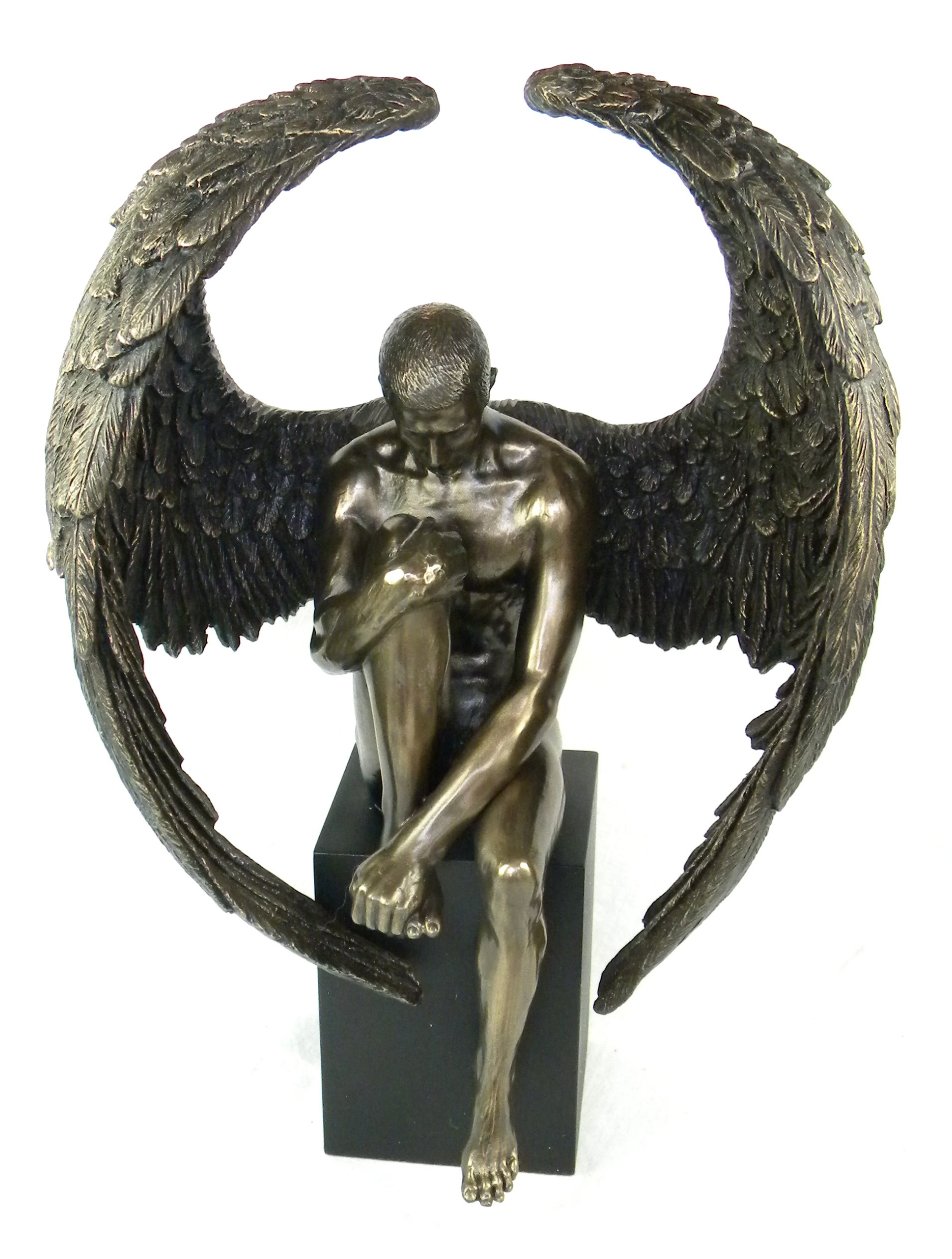 Veronese Design Bronze Pensive Male Angel Statue on Black Base - Elegant Home Decor for Living Room, Office & Garden